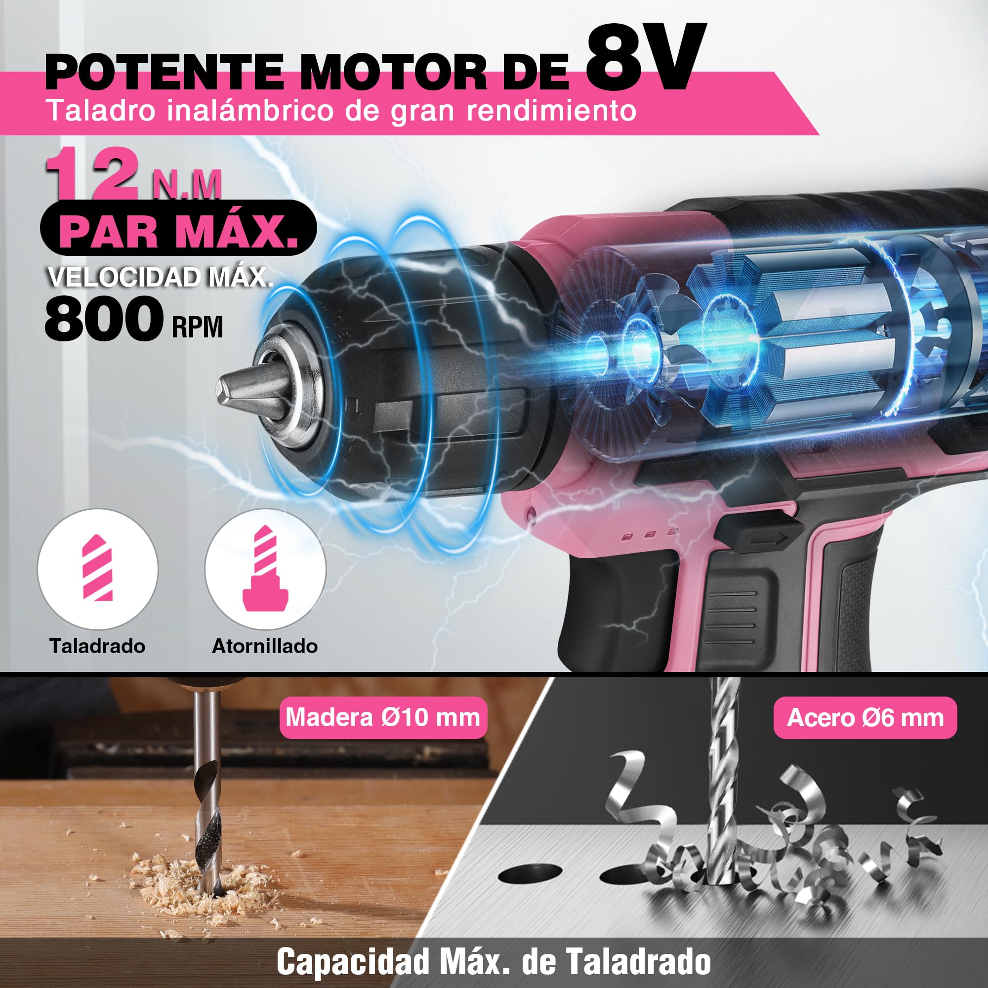 WORKPRO Atornillador Eléctrico 8V con 21 Accesorios, Rosa