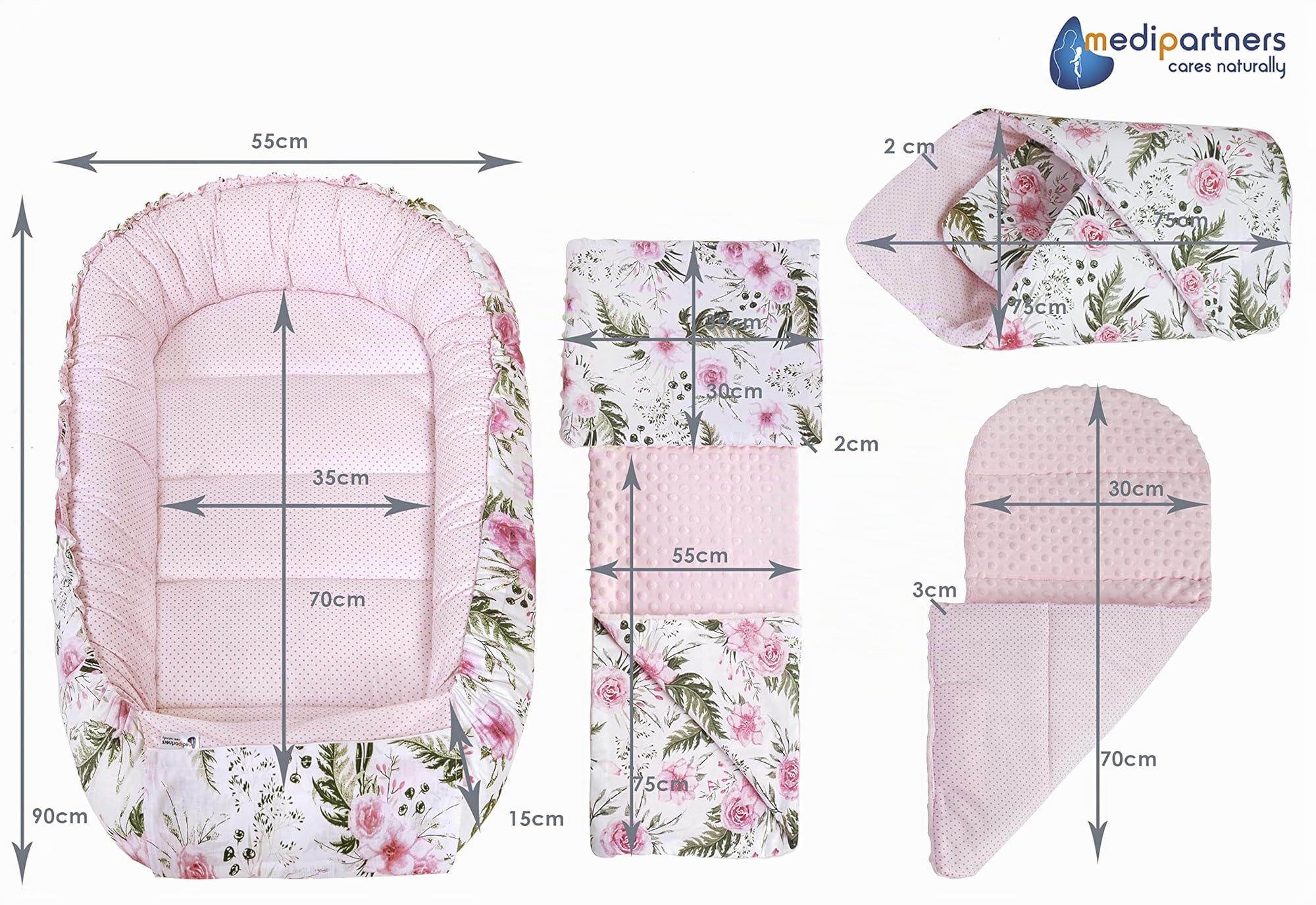 5 éléments Cocon de Bébé 100x60x15cm 100% Coton Baby Nest Medi Partners Reducteur de lit Bébés Oreiller Couverture Insert Amovible & Couverture enveloppante bébé nid d Ange siège Auto 85x85cm