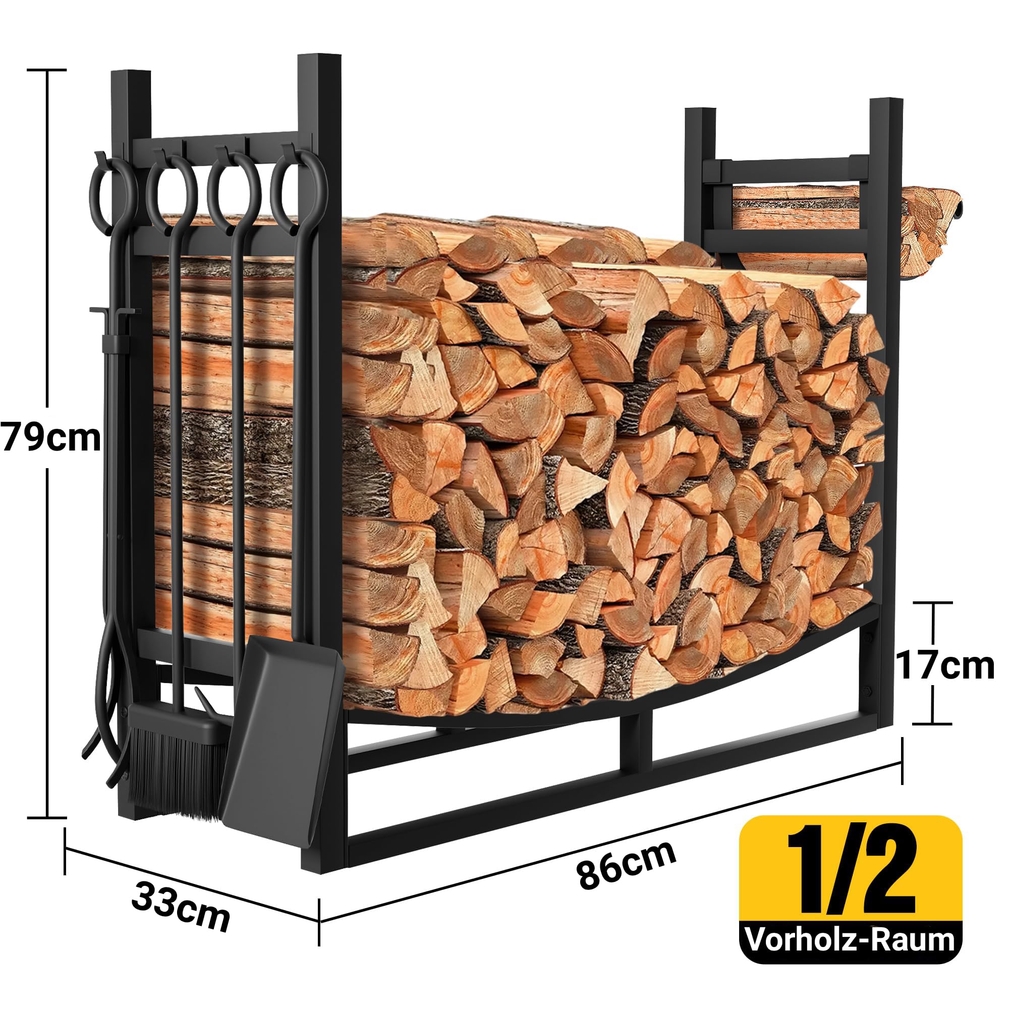 Amagabeli XXL Kaminholzregal mit 4 Kaminwerkzeug 90cmx78cmx33cm Großes breites Brennholzregal Kaminwerkzeugregal für Innen Außen Anzündholzhalter Holzlager Ständer Werkzeuge Herdzubehör Schwarz