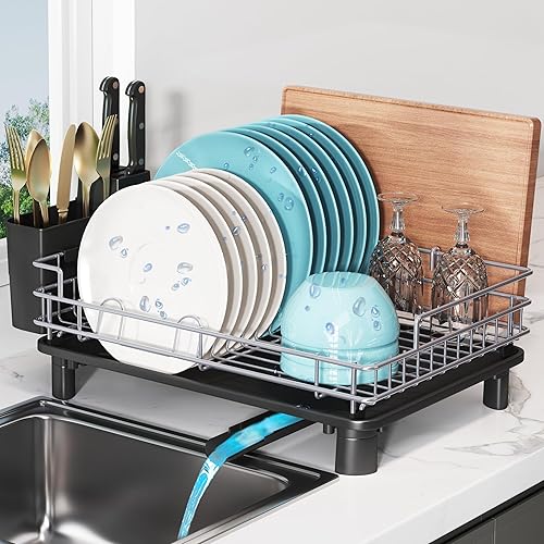 BOOSINY 2 Tier Dish Drying Rack for Kitchen Counter, Large Dish Dryer Rack for Saving Space, Stainless Steel Dish Drainers with Cutlery Holder, Cup