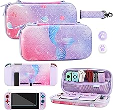 Carrying Case for Nintendo Switch, Travel Carry Case, FUNDIARY Switch Bundle with Switch Storage Case, TPU Cover Case, Screen Protector Glass, 2 Thumb Grips and Adjustable Shoulder Strap (Fishtail)