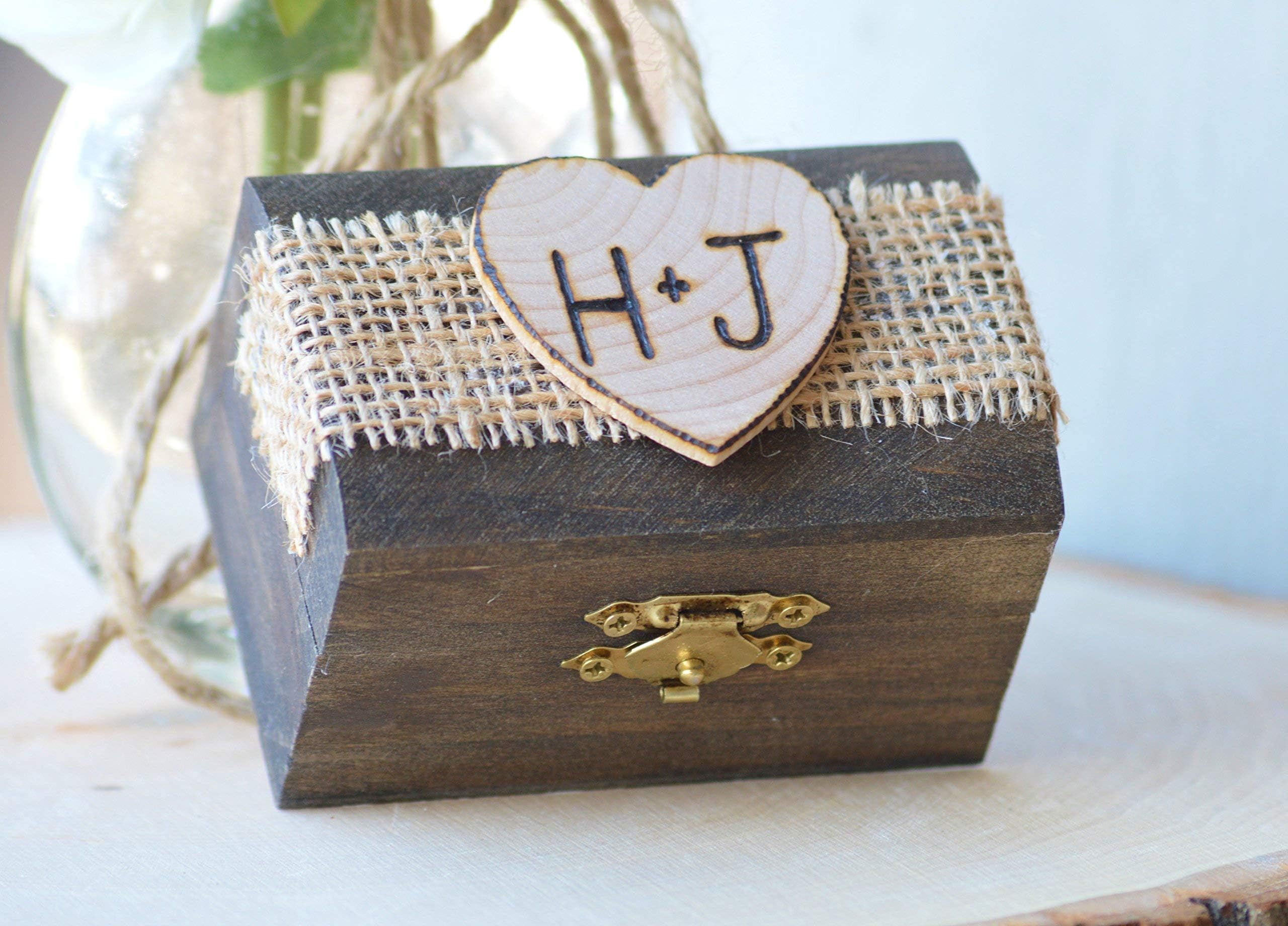 Personalized Ring Box Wood Engagement Ring Holder Custom Burlap Wedding Ring Box Marriage Proposal Jewelry Display Rustic Wedding Decor