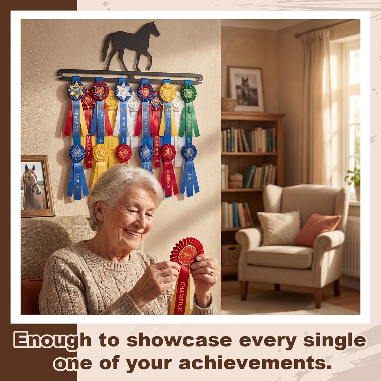 Horse Ribbon & Medal Display Hanger for Wall - Metal Equestrian Rosette Holder with Pins & Ribbons, Holds Up to 40 Awards, Award Ribbon Organizer(Black)