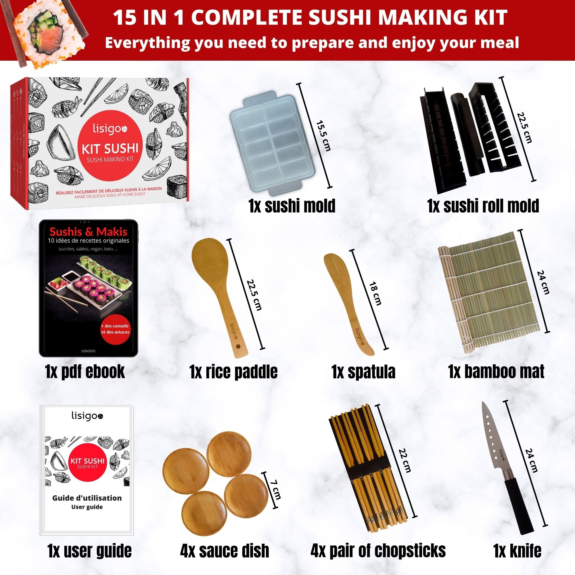 Kit sushi maki complet - Sushi maker - Appareil pour fabrication sushi - Coffret avec natte en bambou, couteau japonais, baguettes, moule à sushi, moule à maki - Idée cadeau homme femme