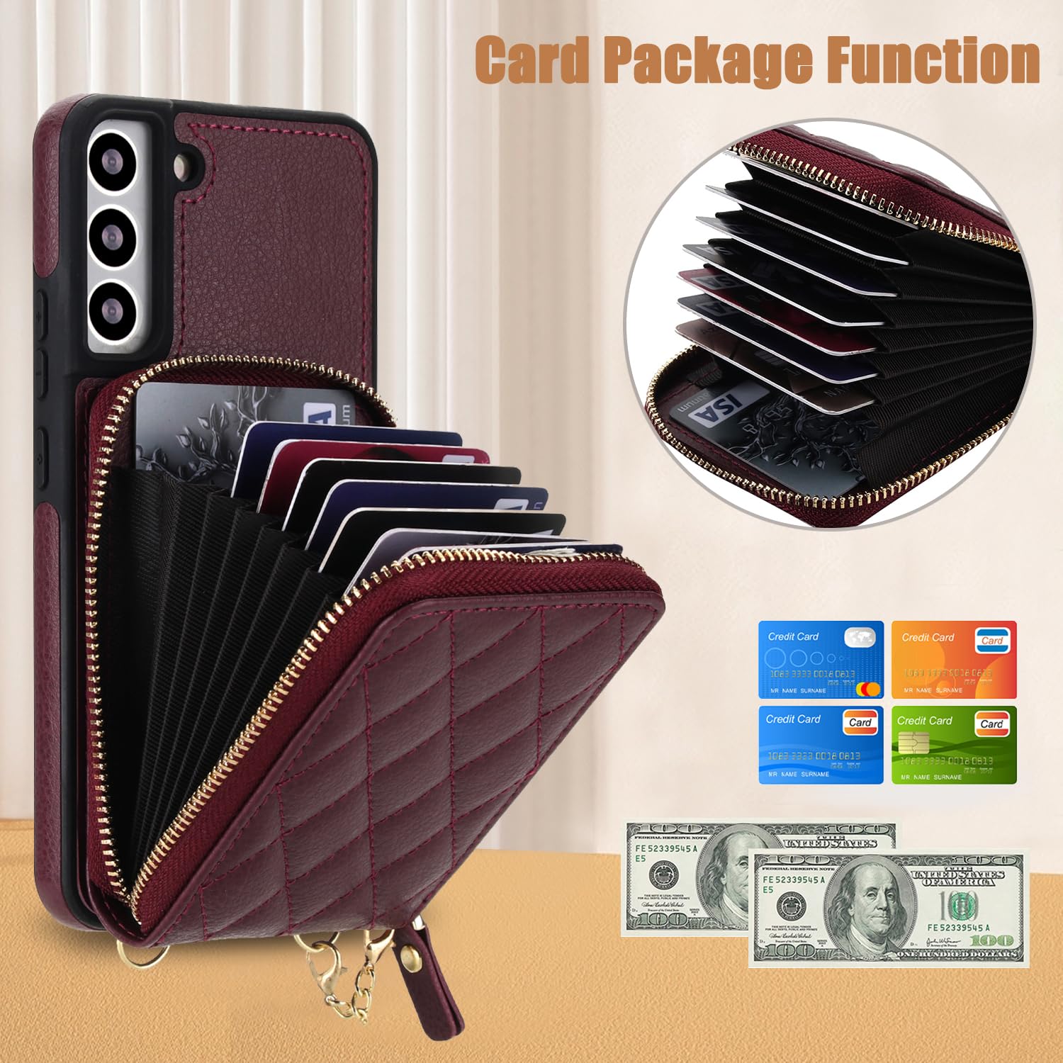Custodia per Samsung Galaxy S22 Plus S22+5G 2 in 1 Custodia a portafoglio magnetica con pellicola protettiva per lo schermo, tracolla con blocco RFID, porta carte di credito S22+5G S22plus 22S + S 22