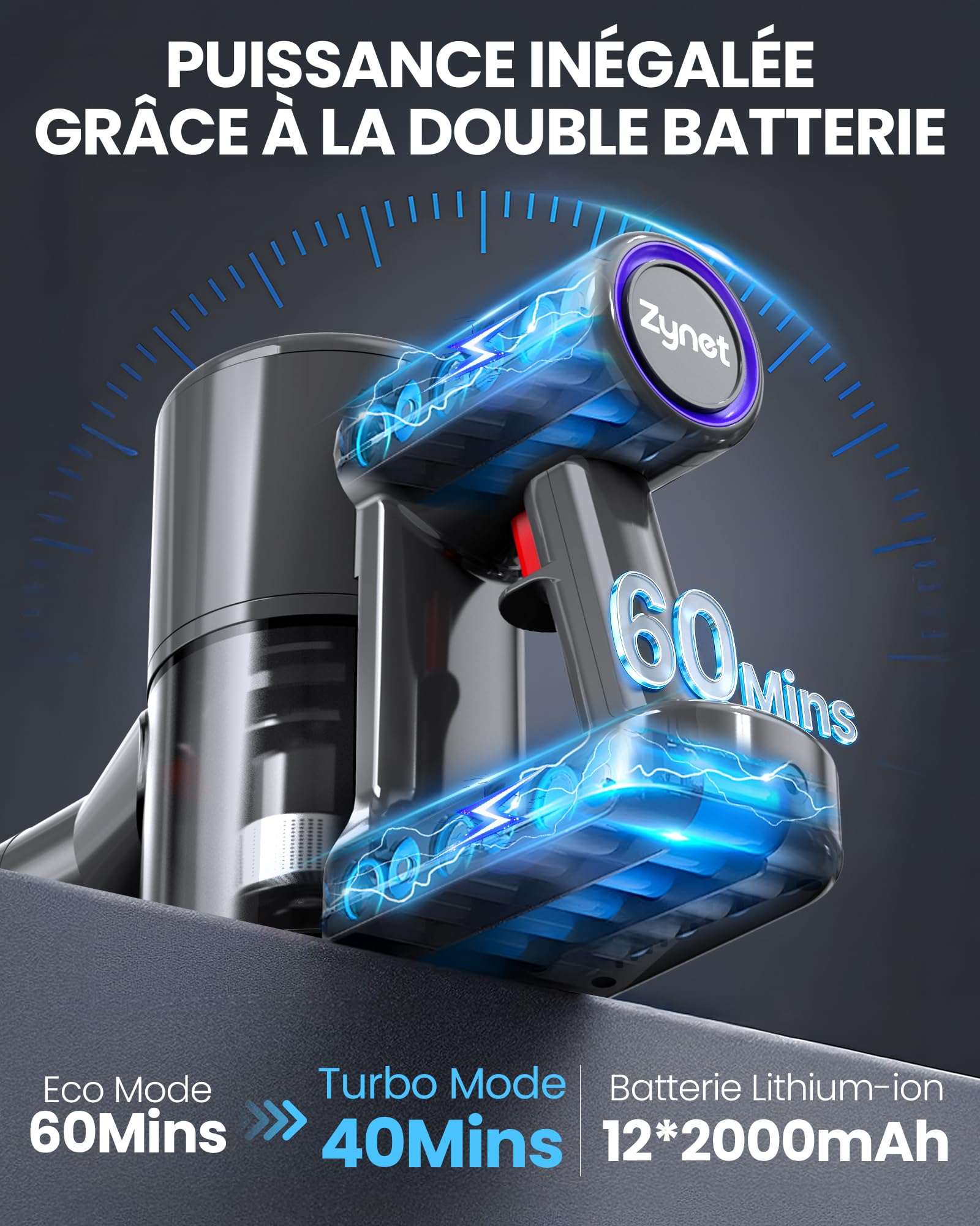 DP2 Aspirateur Balai Sans Fil À Double Batterie, 45KPa/60Min/500W, Affichage LED, Tube Télescopique, Autoportant, Lumière Greeneye, pour Nettoyage Maison, Poils D'animaux, Moquettes et Sols Durs