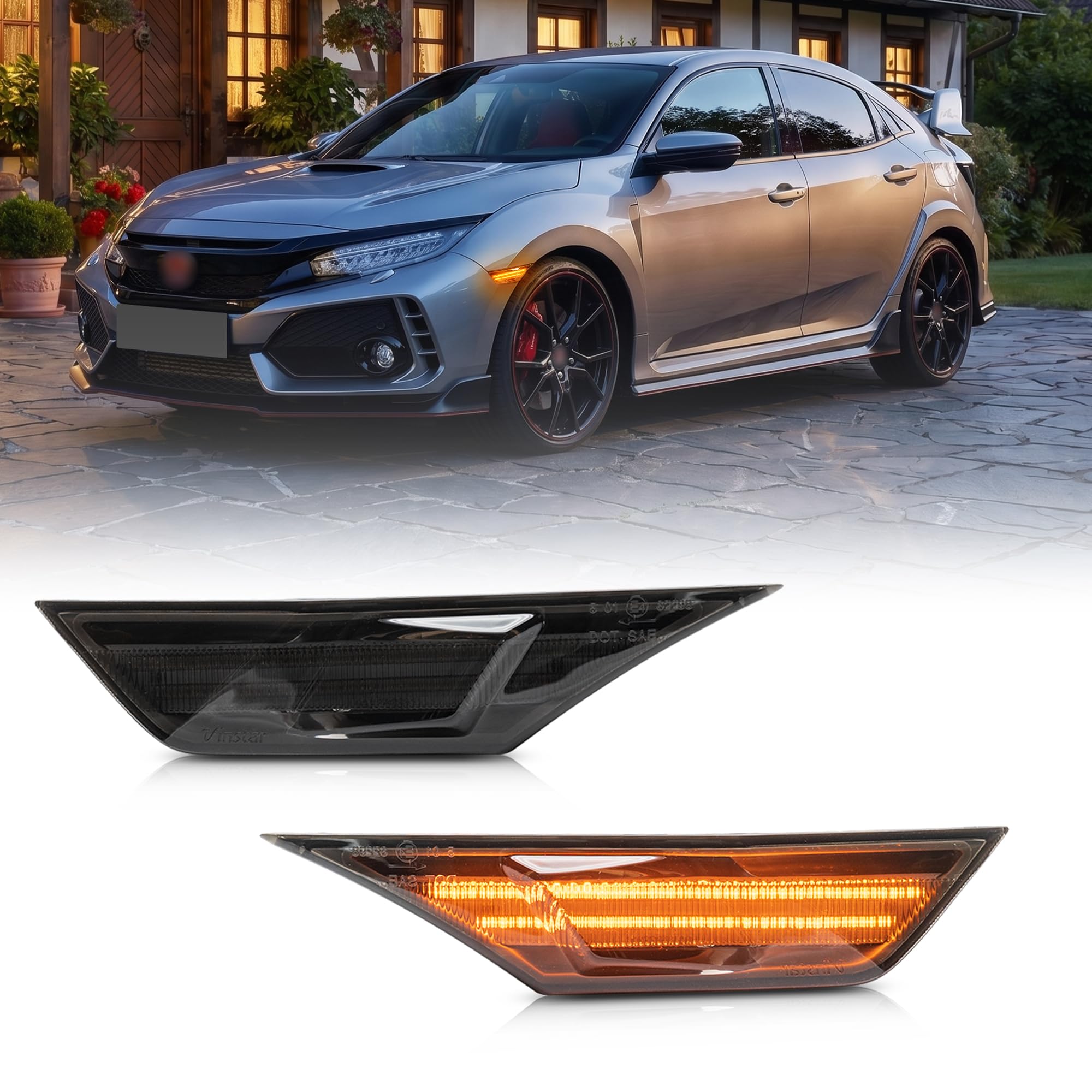 Boczne światła pozycyjne LED przydymione do Honda Civic Sedan MK10 2016 2017 2018 2019 2020 2021 - przednie światła boczne bursztynowe LED - Canbus kierunkowskazy bez błędów