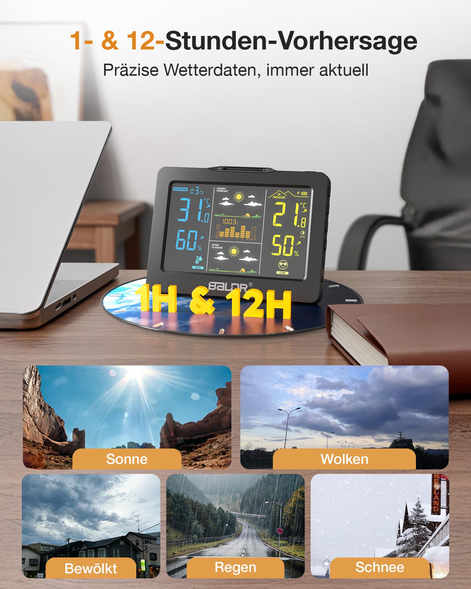 BALDR Wireless Wetterstation mit Außensensor, Digitales Farbdisplay – Innen/Außen Thermometer & Hygrometer, 1h + 12h Wettervorhersage, Wiederaufladbarer Akku