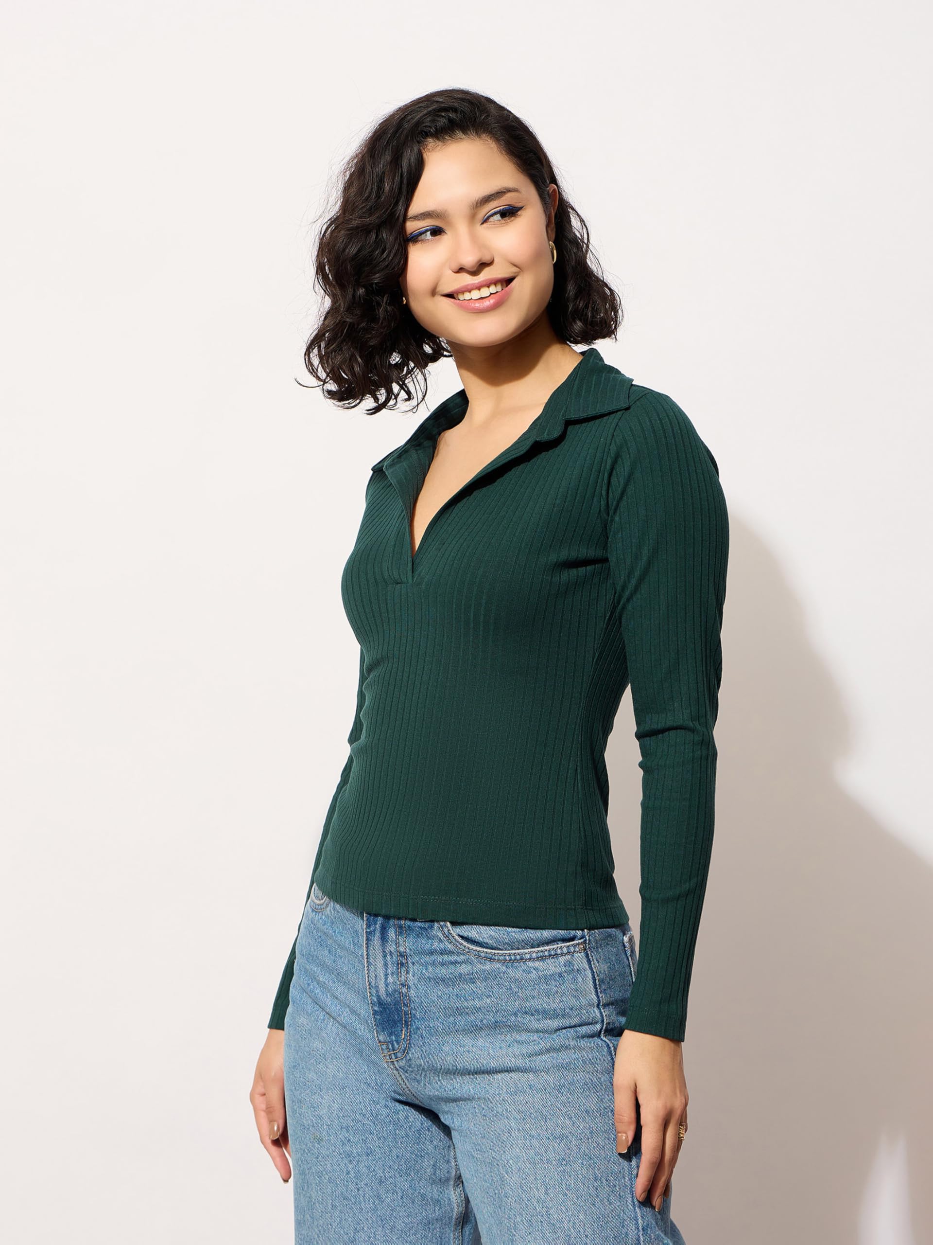 barcino Emerald Rib Polo Style V-Neck Neck Top - Image 3 thumbnail