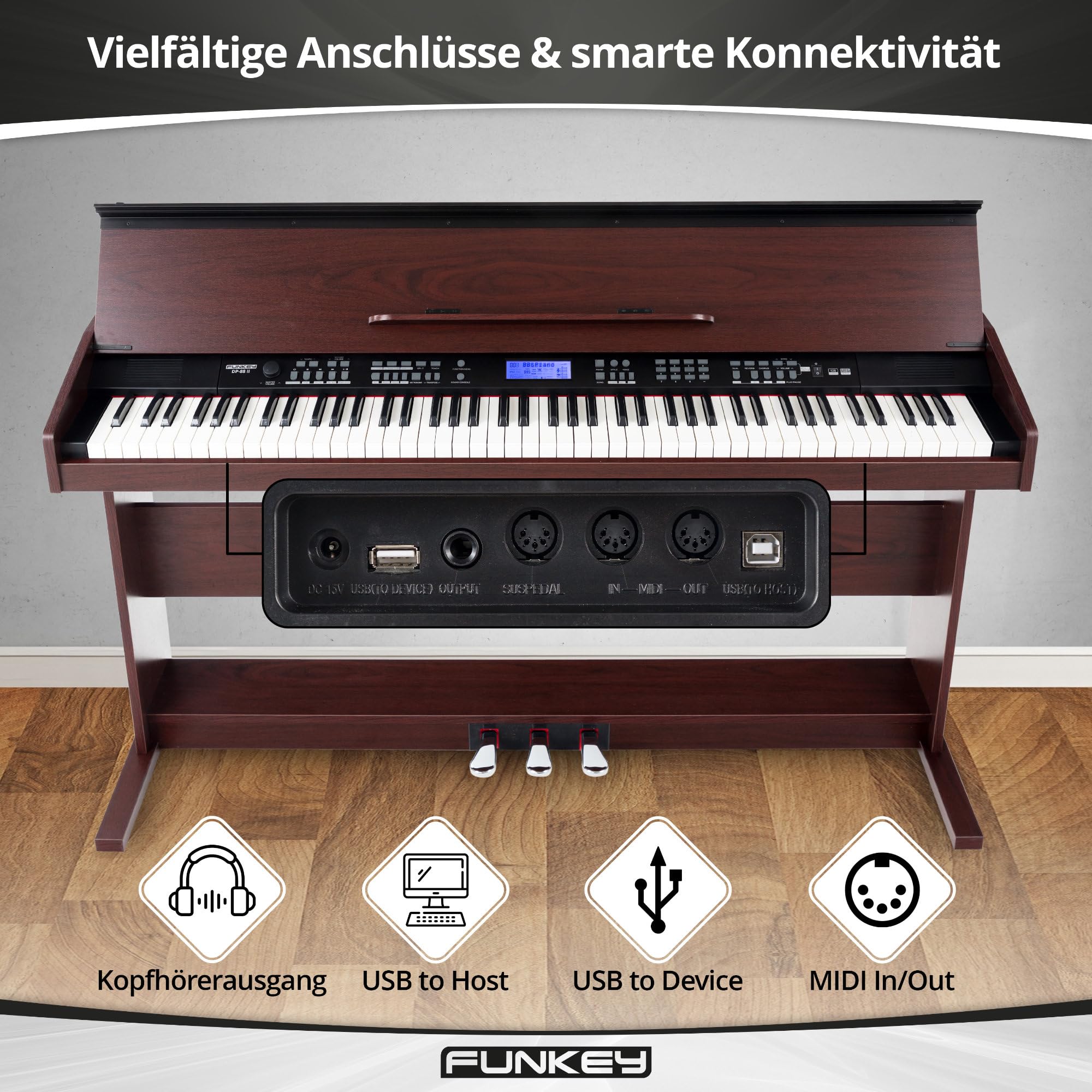 FunKey DP-88 II Digitalpiano (88 anschlagsdynamische Keyboard-Tasten, 128-fach polyphon, 360 Sounds, 160 Styles, MP3-Player, Lernfunktion, Record- & Playback-Funktion, 3 Pedale) braun