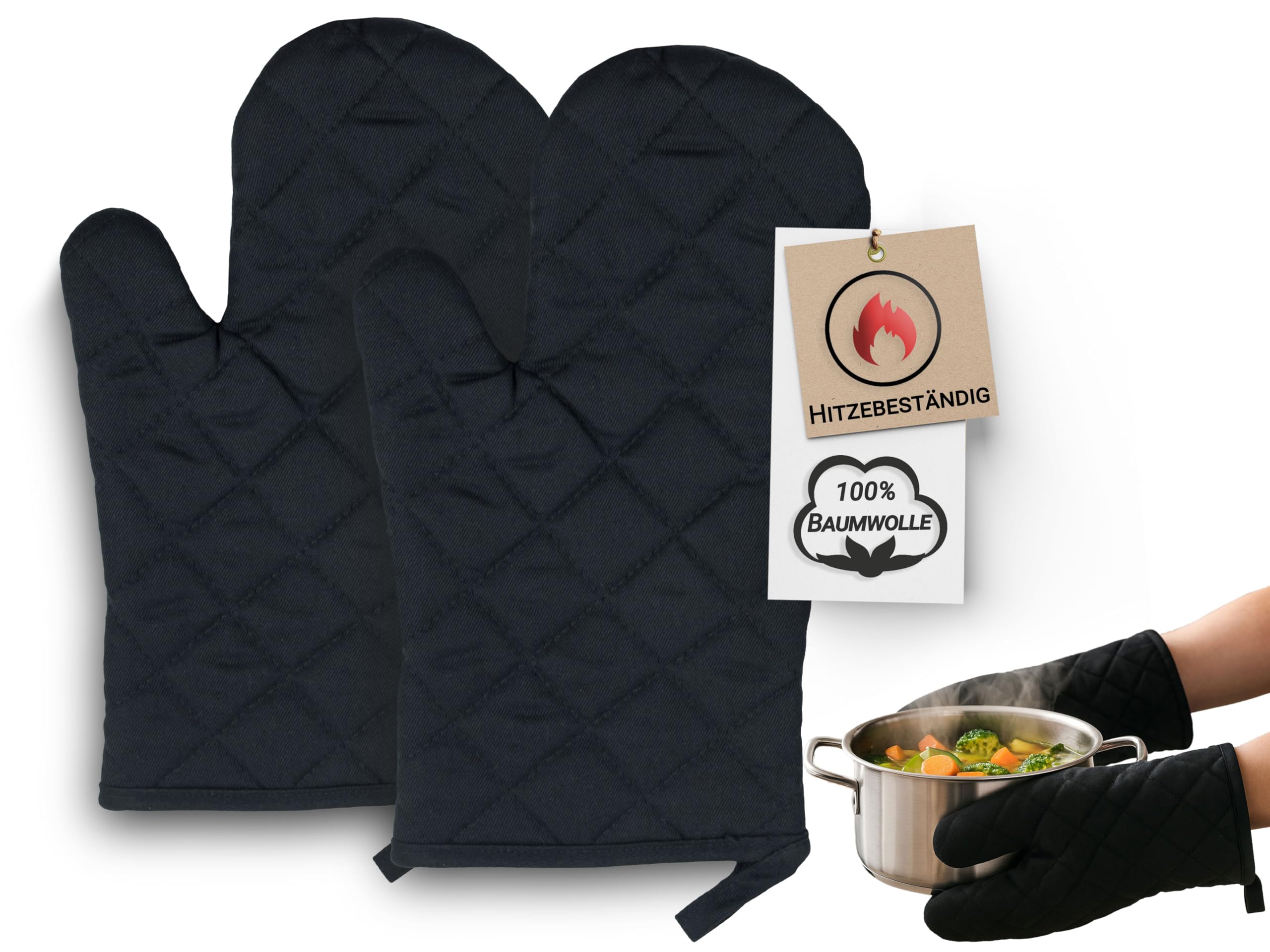 ZOLLNER 2er Set Ofenhandschuhe in schwarz - hitzebeständige Topfhandschuhe - Baumwolle - 18x28cm - mit praktischem Aufhänger - waschbar bis 60°C - Oeko Tex® Zertifiziert