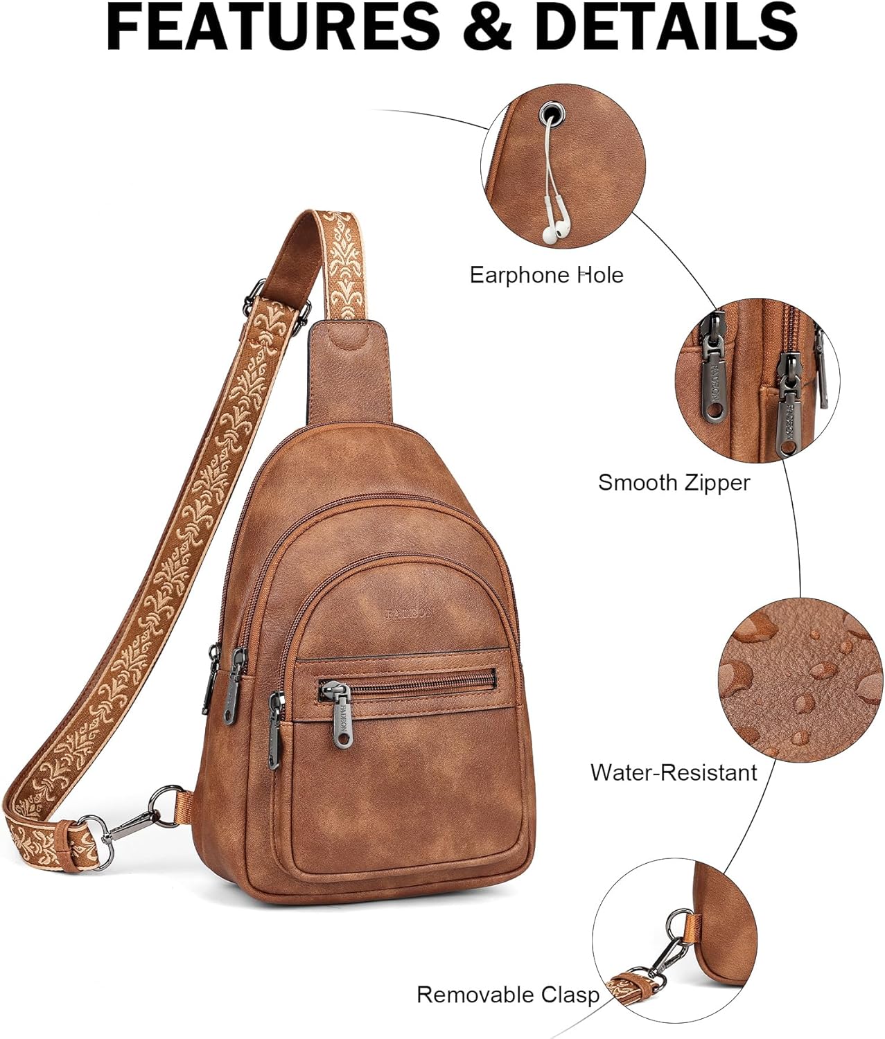 FADEON Sling Bag for Women, Designer Small Crossbody Bags Vegan Leather RFID Fanny Pack Tri-Zip Sling Backpack for Travel