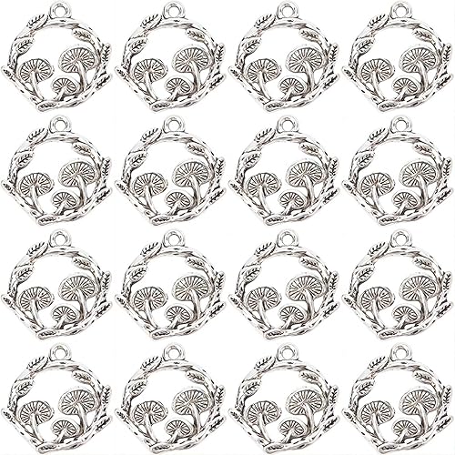 SUNNYCLUE 1 caja de 50 dijes de hongos a granel de hongos estilo tibetano, dije de plata antigua, plantas mágicas, dije plano redondo de hongo, dije