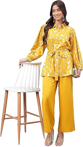 Vista 3 de Janasya Día de la Mujer Amarillo Crepe Foil Impreso Co-ord Set