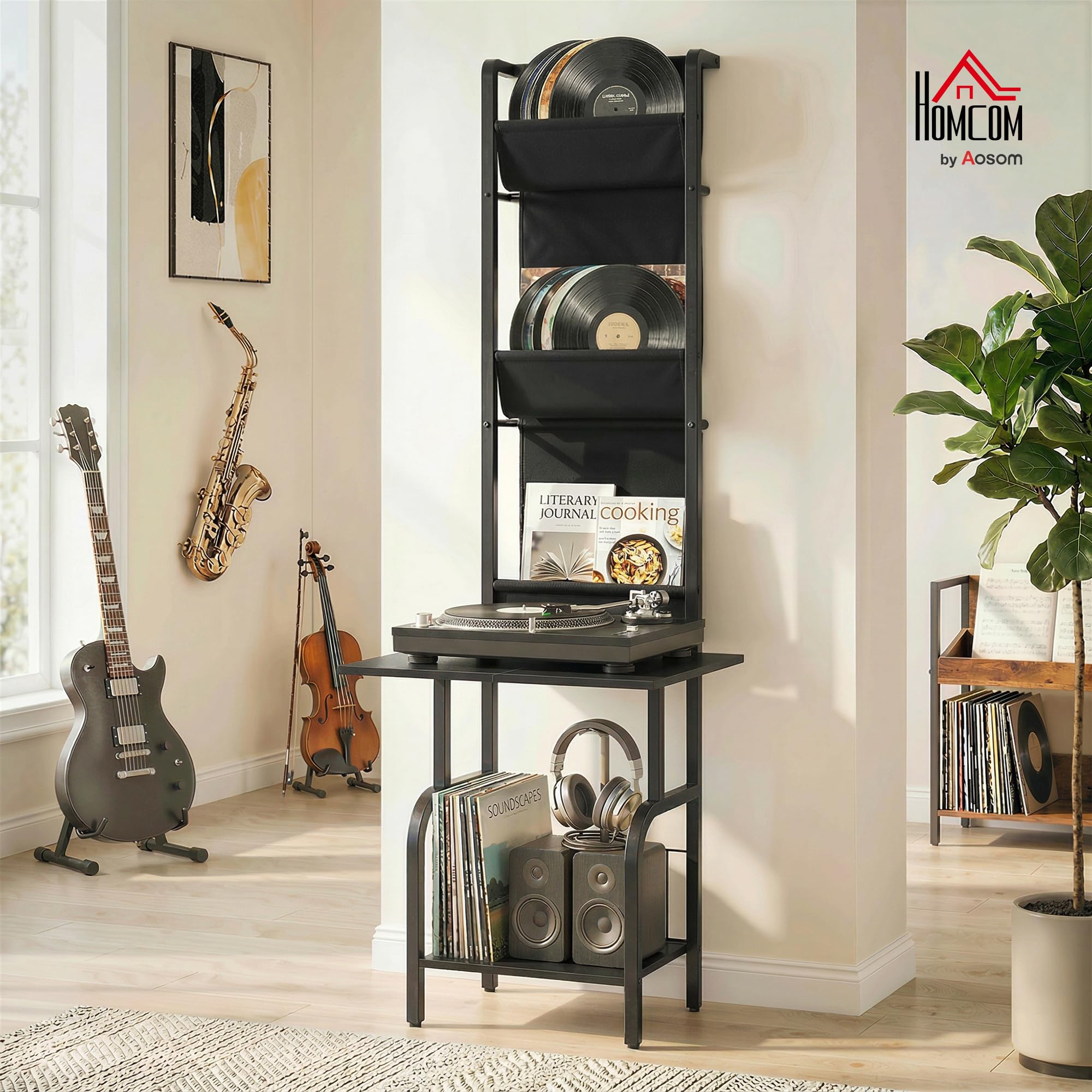 HOMCOM Almacenamiento de discos de vinilo con soporte para reproductor, soporte giratorio y estante de exhibición, unidad de almacenamiento de CD para hasta 40 CD, mesa de reproductor de discos para