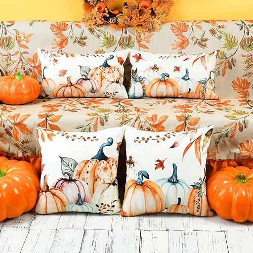 Miniatura 6 de ONWAY Juego de 2 fundas de almohada de calabazas de otoño de 18 x 18 pulgadas, decoración de otoño y Acción de Gracias, fundas lumbares para sofá,