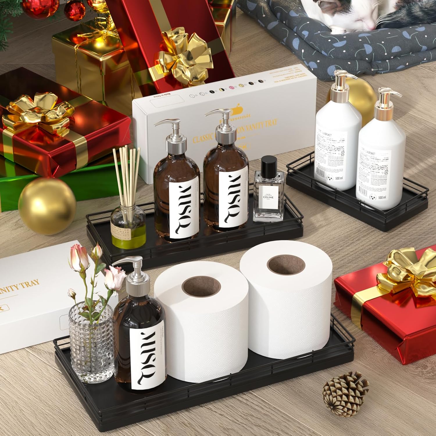 Oak Bathroom Toilet Tank Tray, 13" Wood Toilet Paper Storage Basket Back of Toilet Basket Organizer, Vanity Tray for Perfume Makeup Candle Kitchen Counter Coffee Table Black Tray Decor - Image 8