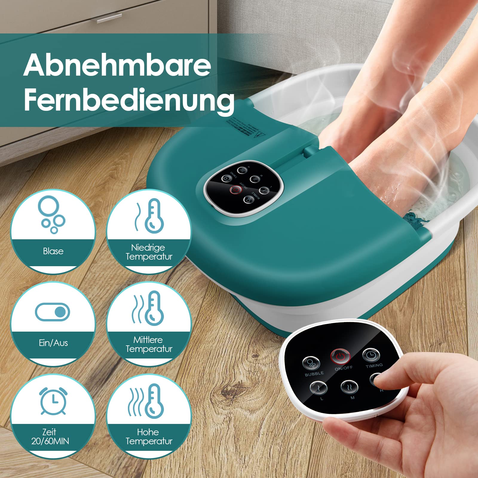 GOPLUS Fußbadwanne klappbar, elektrisches Fußmassagebad mit Massage & Heizung,16 Shiatsu-Massagerollen & Bimsstein, 3 stüfige Temperatur und Timer, Fußbad Massagegerät für Zuhause (Türkis)