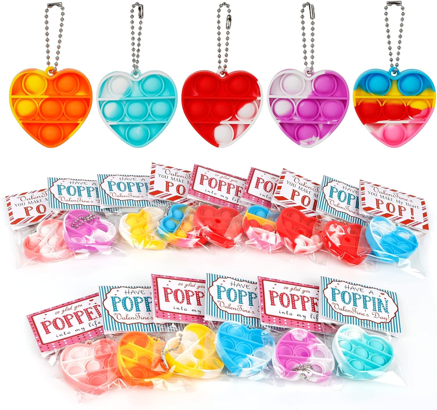 Valentines Day Cards for Kids，24 PCS Heart Pop Fidget Toys，Valentine Exchange Cards for Classroom School Party Favors Toddlers，Valentines Day Gifts for Kids Girls Boys