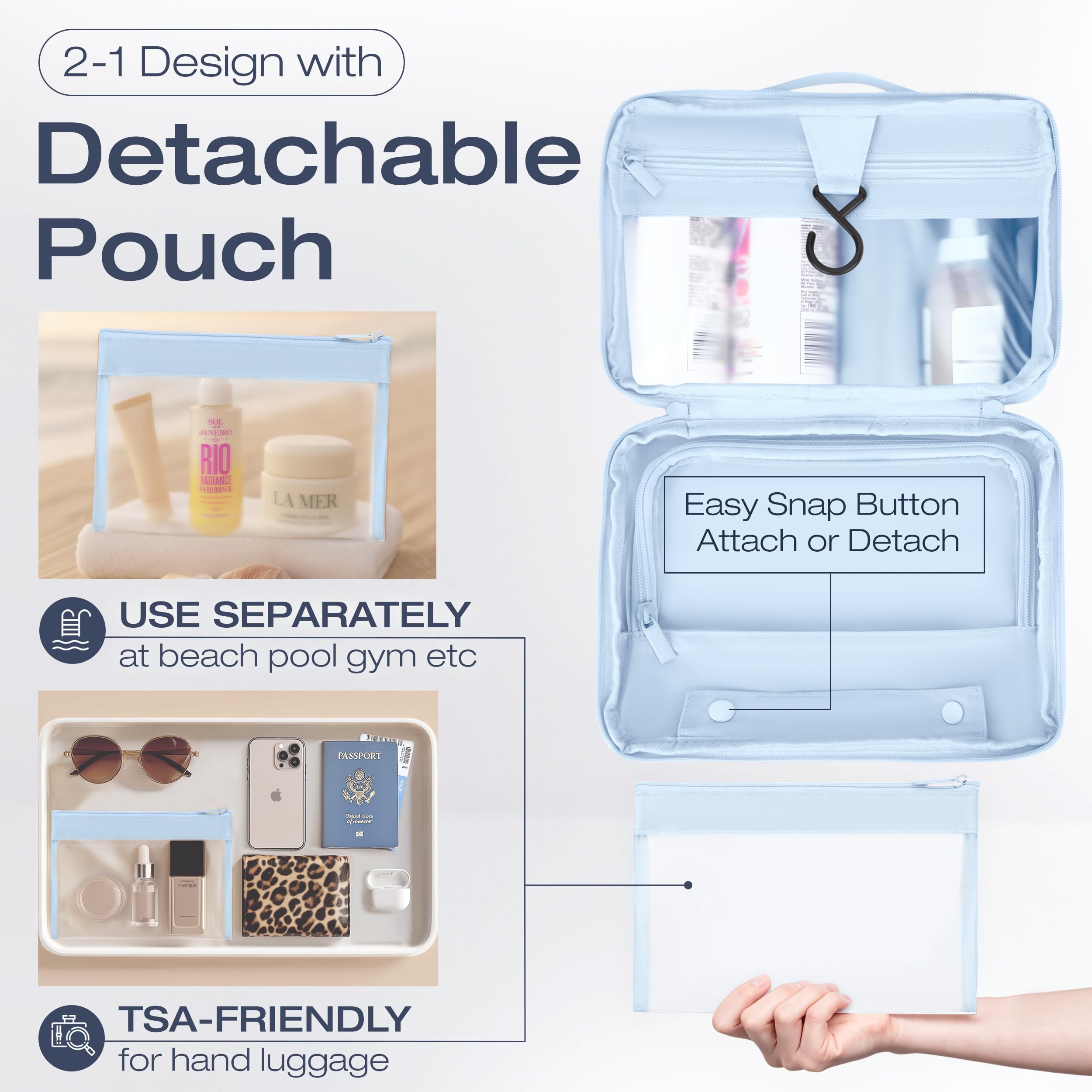 KAZAY Neceser colgante, diseño inteligente 2 en 1 con bolsa desmontable, resistente al agua, nailon premium, botellas de tamaño completo, bolsa de cosméticos, bolsa de maquillaje, Azul claro, Compact