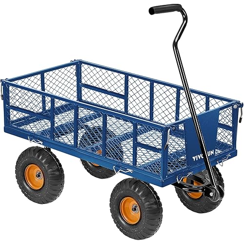 VIVOSUN Heavy-Duty Steel Garden Cart, 500-Pound Capacity, Steel Utility Garden Wagon with Removable Sides and 10" Pneumatic Tires for Outdoors, Lawns, Yards, Farms, and Ranches, Blue