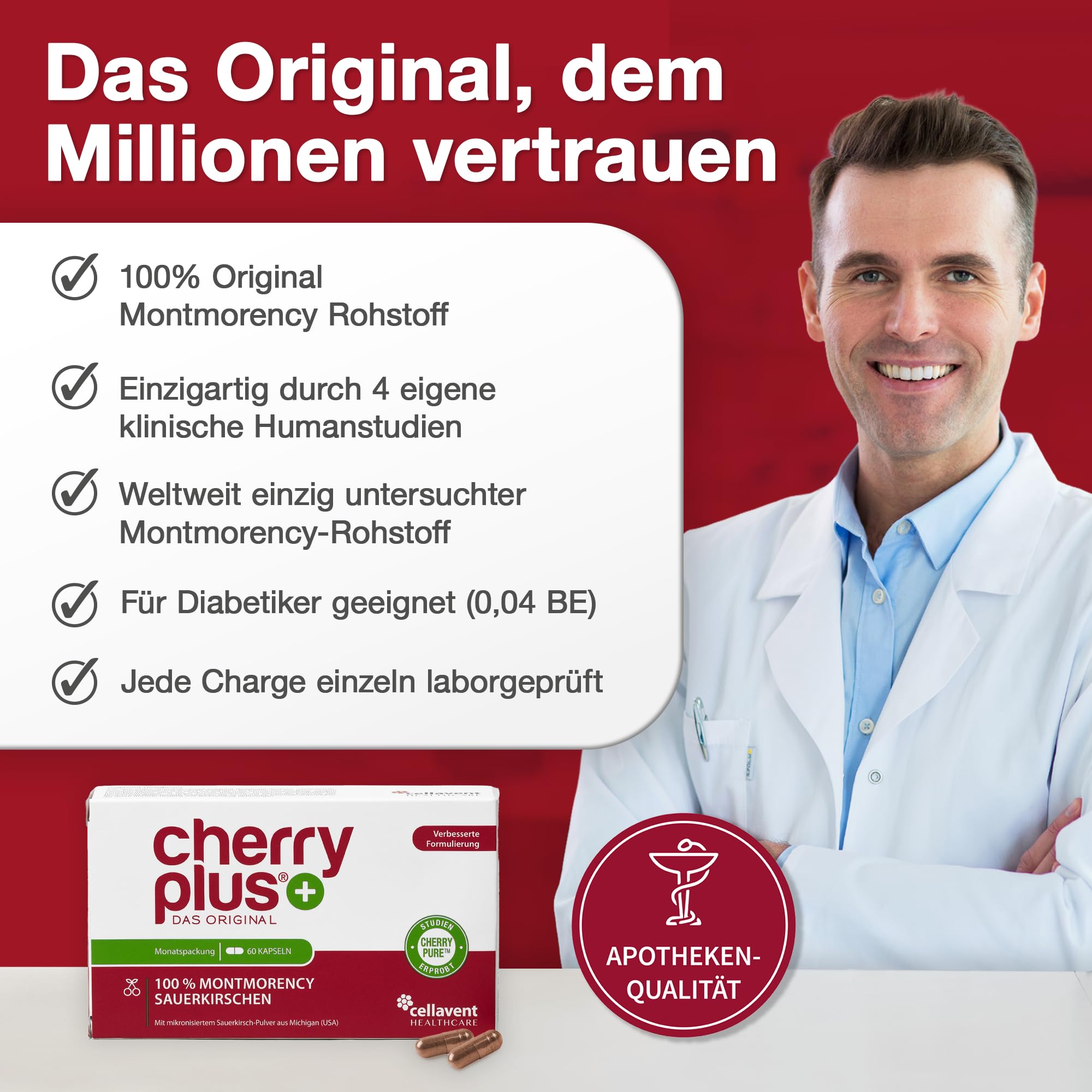 Original Montmorency Sauerkirschen Kapseln – 55.000 mg Sauerkirschen pro Tagesdosis (50:1 Sauerkirsch Extrakt) – 80 Kirschen/Tag – vegan, ohne Zusätze, deutsche Herstellung – Cherry PLUS