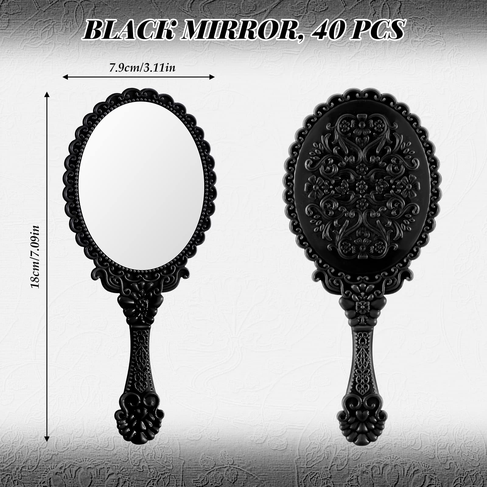 40 specchietti vintage a mano in stile retrò, con manico, in plastica, per bambini, carino, compatto, per ragazze (nero)