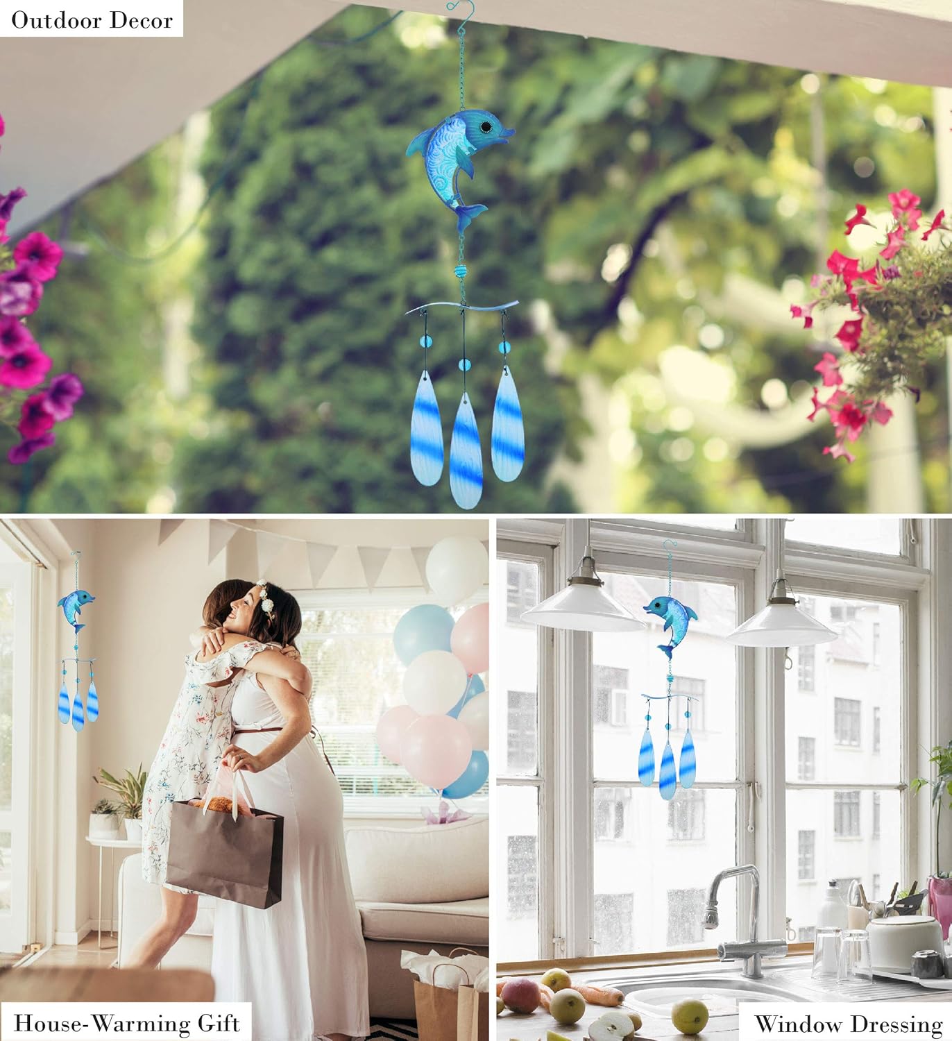 CoTa Global Blue Dolphin Hanging Sea Glass Wind Chime 27.36 Inch, Nautical Glass Windchime Outdoor Decor for a Harmonic Porch, Patio & Garden, Unique Beach Art Indoor Wind Chime Window Mobile