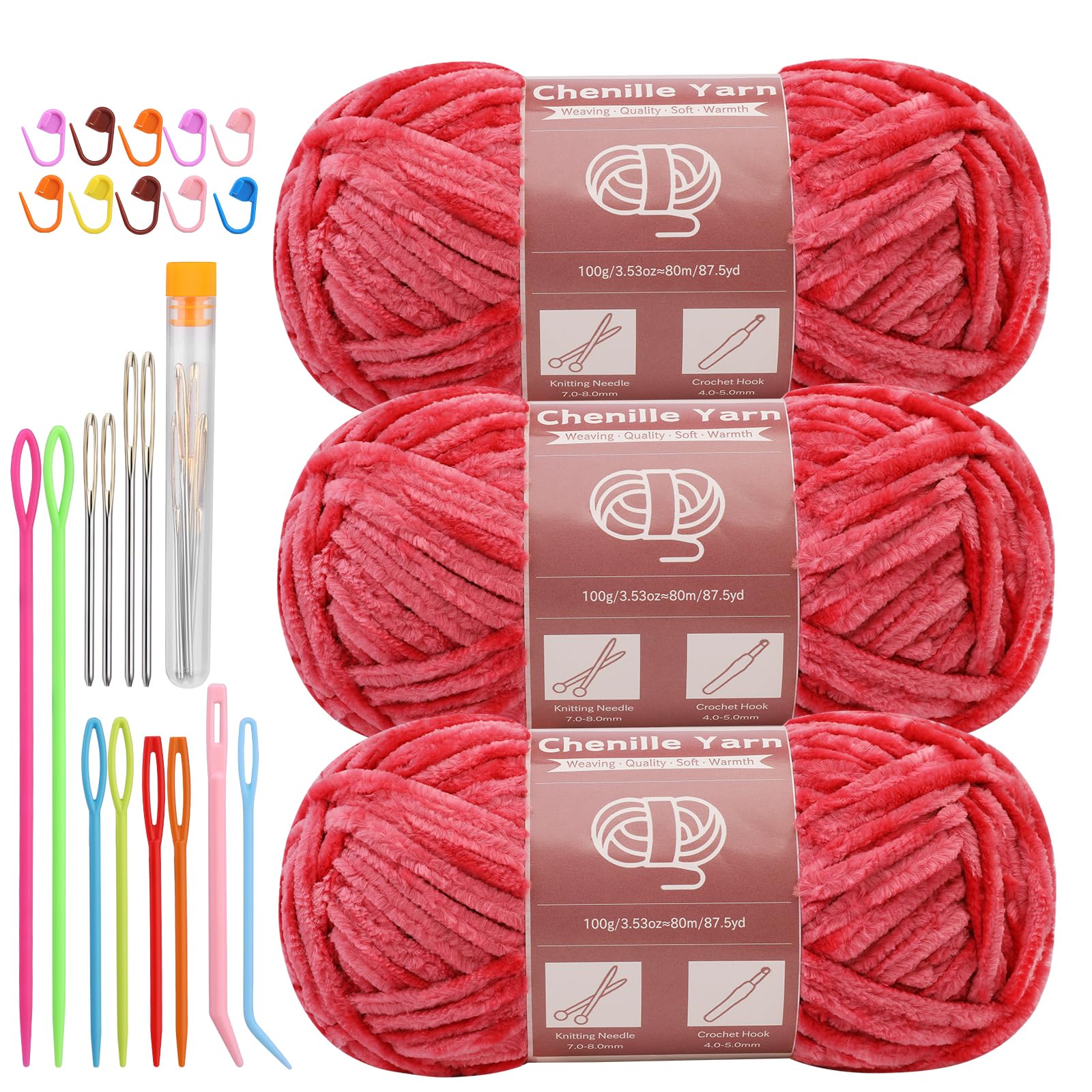LUNARM Chenille Yarn 3 Pack 3.5oz Chunky Blanket Velvet Yarn 263 Yard | Bright Red Chunky Chenille Yarn for Beginners Crocheting Hand Knitting Scarves with Big Eye Needles Machine Washable