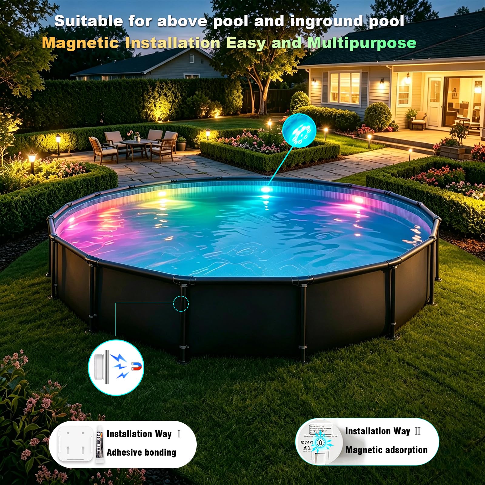 idyl light Lote de 4 lámparas sumergibles recargables para piscina con mando a distancia, impermeables, carga submarina, control de pilas con cambio de color, luces flotantes magnéticas para