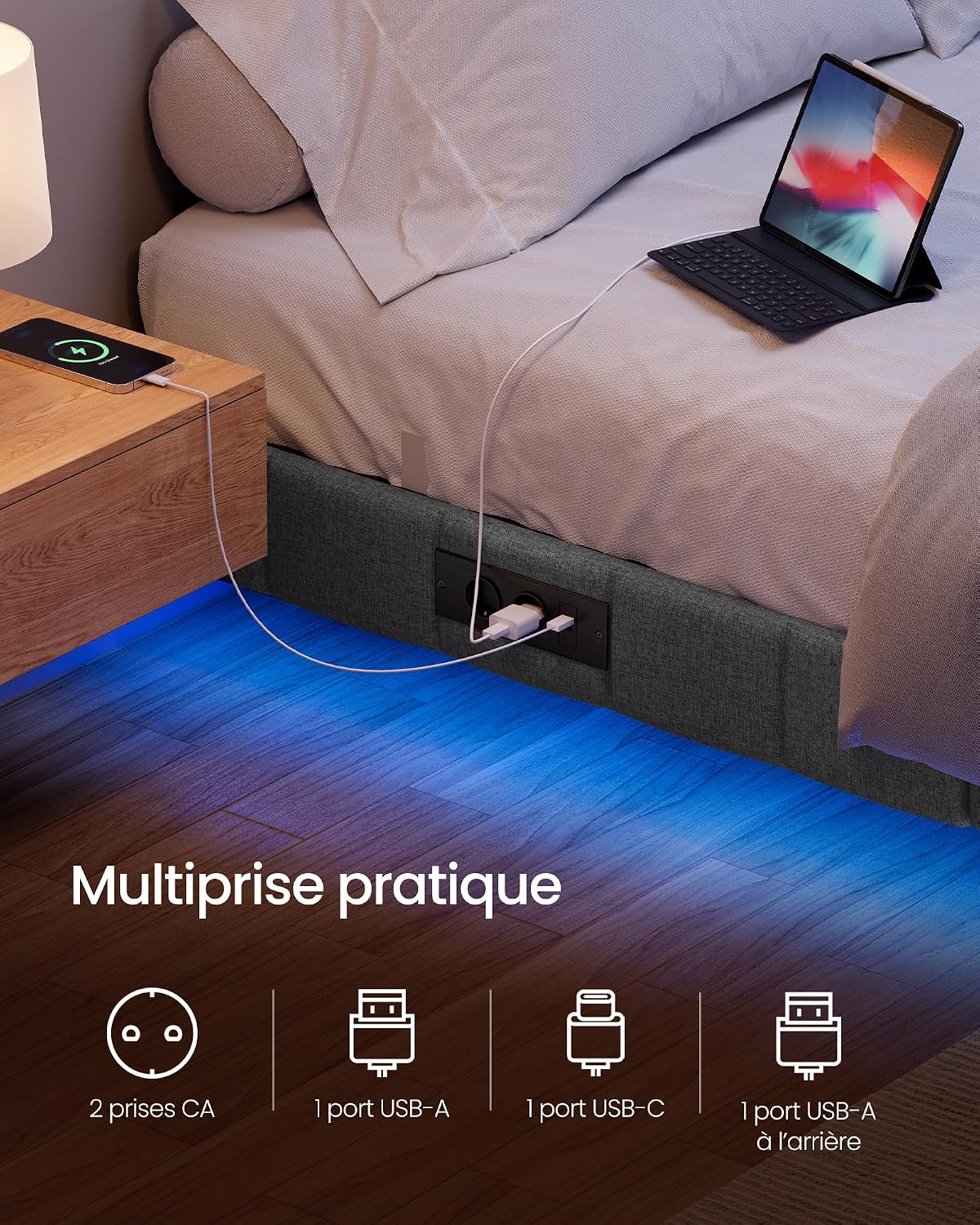 Close-up of the practical power strip with AC, USB-A, and USB-C ports