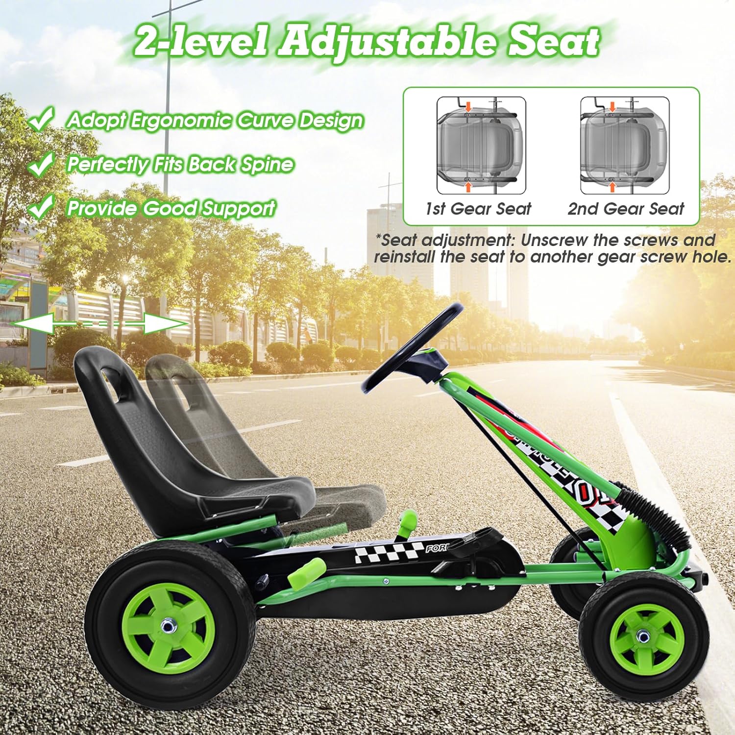 HOMGX Pedal Go Kart, Outdoor Kids Pedal Go Kart with Adjustable Bucket Seat, Steering Wheel, Rubber Wheels, Brake, Pedal Powered Ride On Kart for 3-5 Years Boys, Girls (Green)