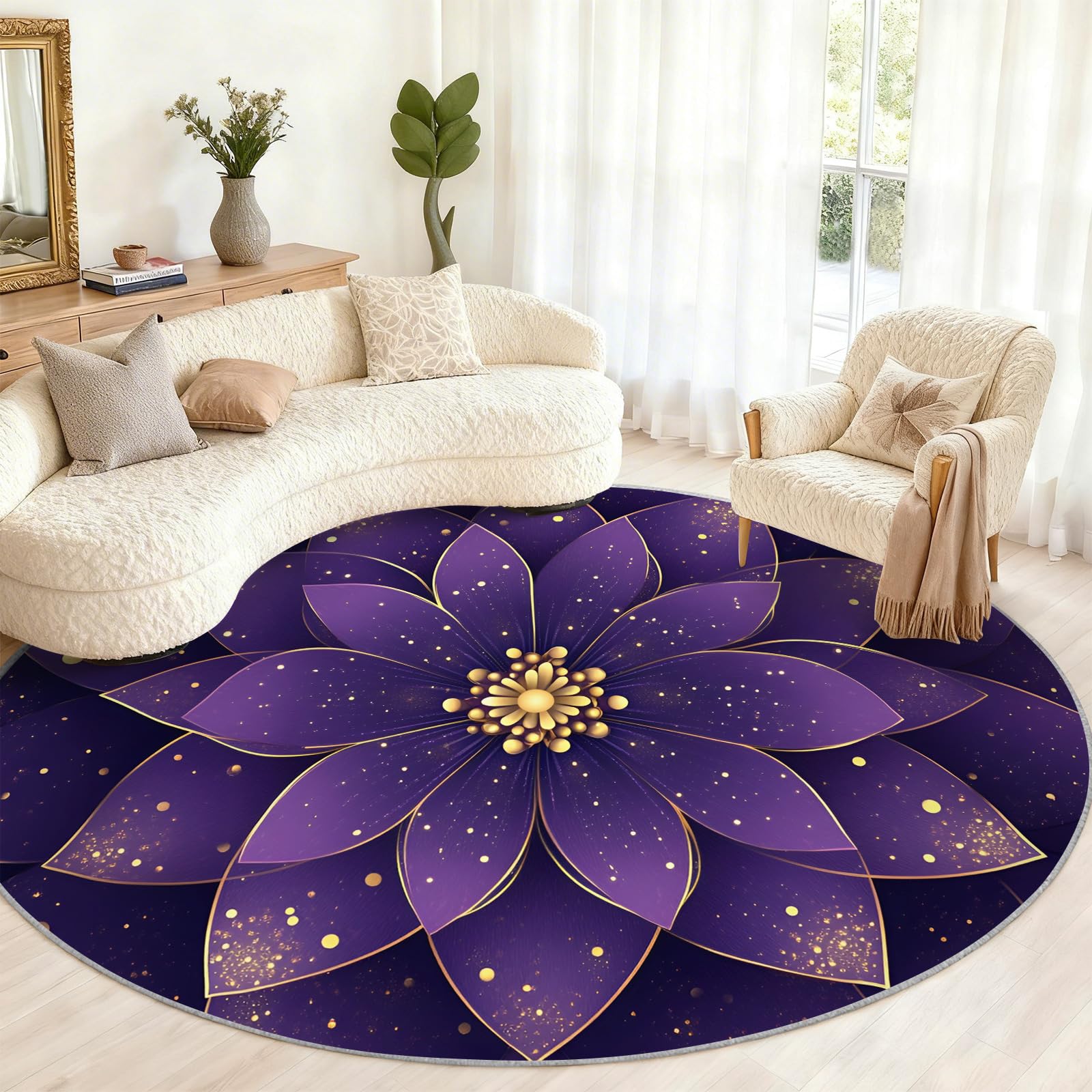 Tapis rond à fleurs violettes pour salon, bordure dorée pour chambre à coucher, tapis circulaire de luxe mandala 3D lavable, antidérapant, tapis décoratif
