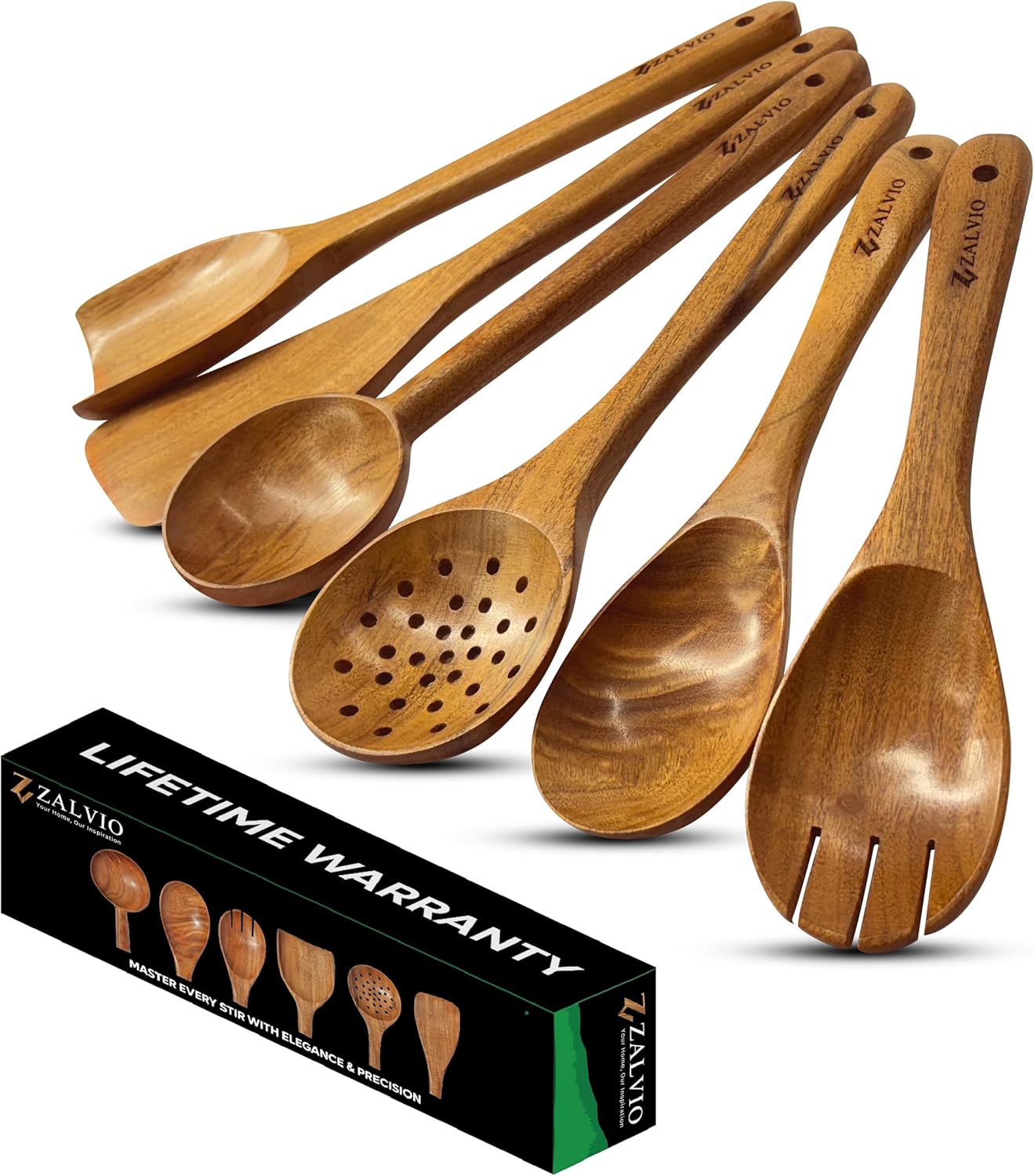 Zalvio 6-Piece Acacia Wood Cooking Utensil Set – Handmade Wooden Spoons & Spatulas | Heat-Resistant, Nonstick, Eco-Friendly Kitchen Tools