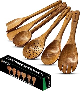 Zalvio 6-Piece Acacia Wood Cooking Utensil Set – Handmade Wooden Spoons & Spatulas | Heat-Resistant, Nonstick, Eco-Friendly Kitchen Tools