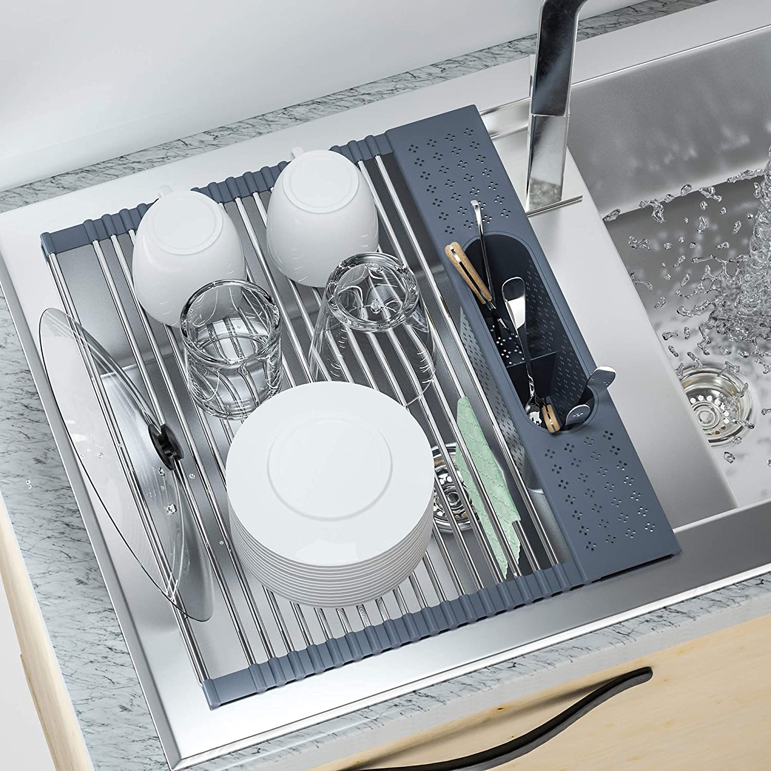 Angju Roll Up Dish Drying Rack Over The Sink 44cm x 38.5cm, SUS304 Multi-Purpose Rack Rollable Stainless Steel Dish Drainer with Utensil Holder for Kitchen Sink