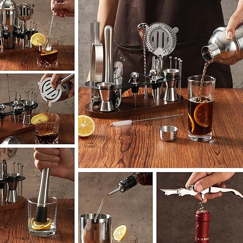 Miniatura 7 de Kit de camarero de 23 piezas, juego de coctelera con soporte, juego de mezclador de bebidas de bar con todas las herramientas esenciales de barra