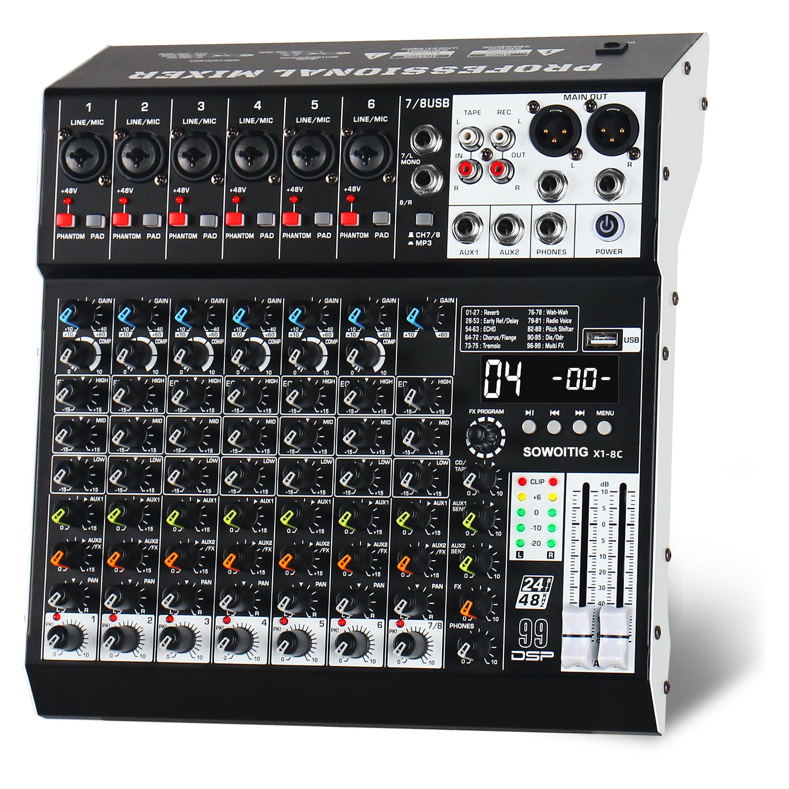 Console mixer audio a 8 canali con 99 effetti DSP, mixer digitale DJ mixer mixer professionale con USB, Bluetooth, alimentazione phantom da 48 V