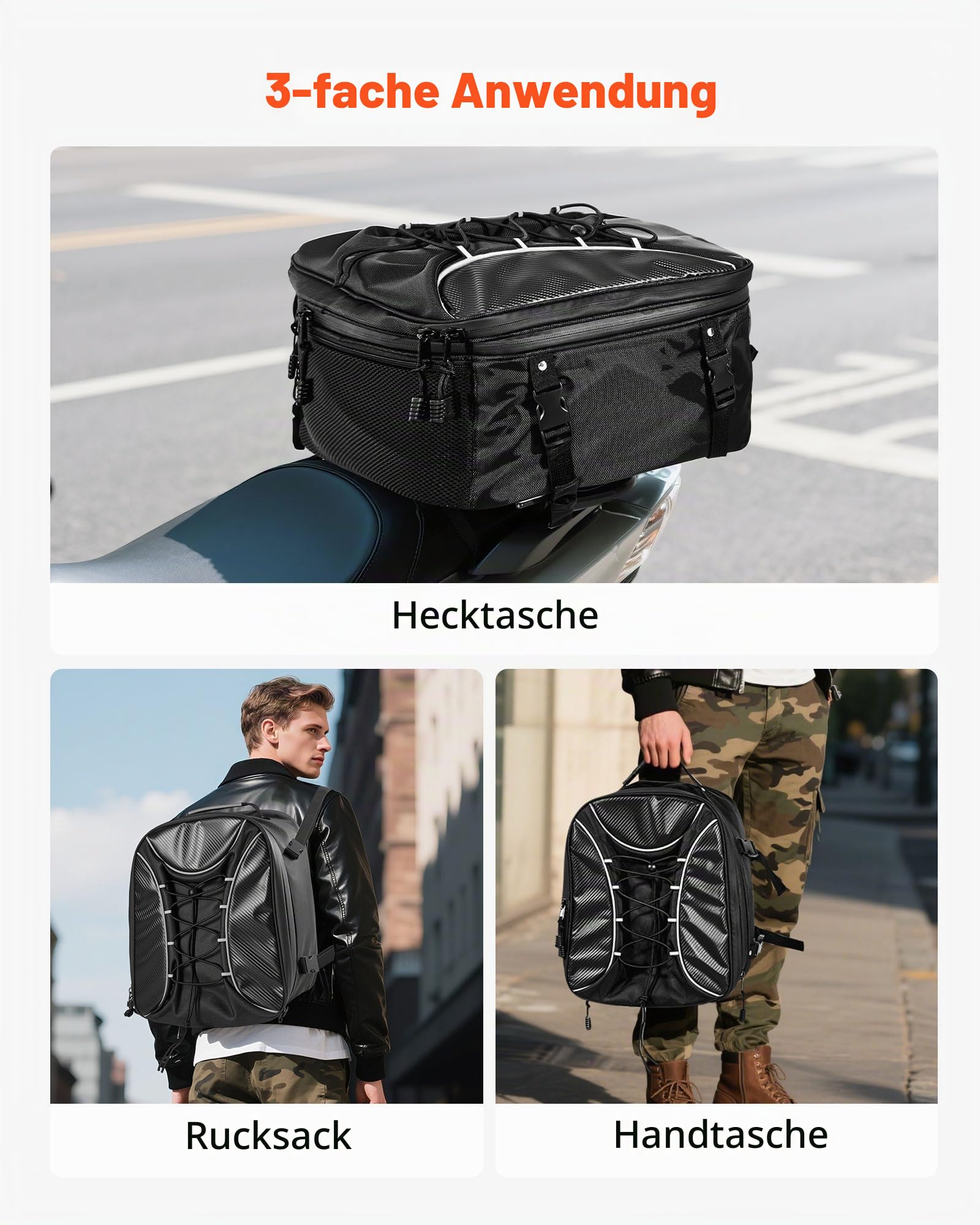 VEVOR Motorradhecktasche Rücksitztasche (22-34 L) mit wasserfester Regenabdeckung, Motorrad-Gepäckaufbewahrung, Gepäckträgertasche mit Riemen & elastischer Kordel, Motorradgepäck Schwarz