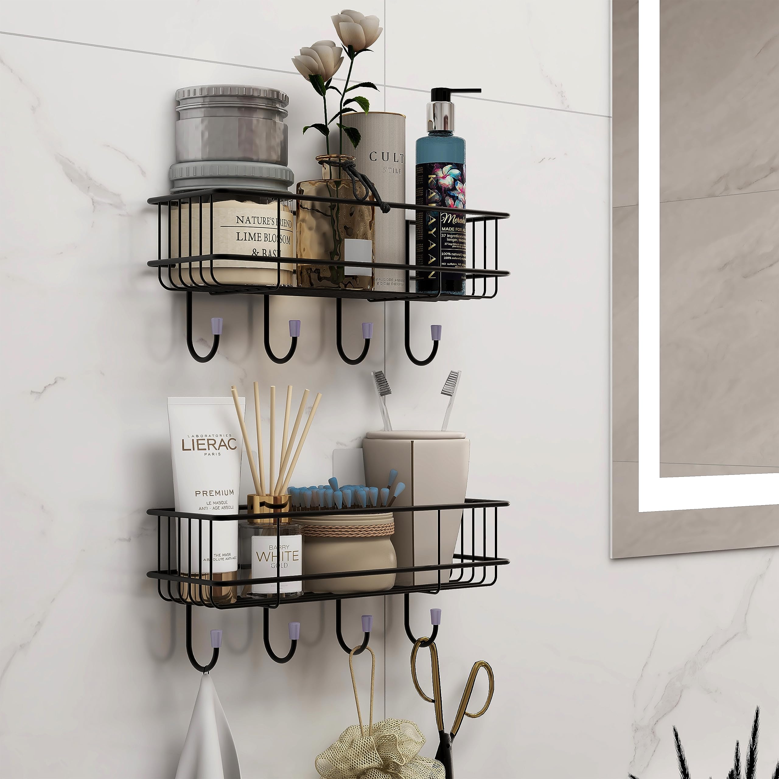 Plantex Multipurpose Bathroom Organiser Without Drill/GI Steel Self-Adhesive Shelf/Wall Mounted Shelf for Bathroom with Hooks- Pack of 2 (Black,Powder Coated)