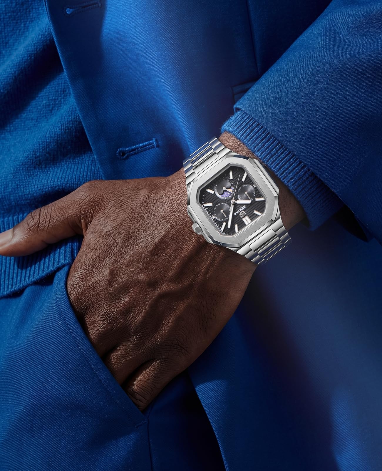 BENYAR Orologio da uomo al quarzo, 37 mm, in acciaio inox, con data, giorno, fasi lunari, cristallo Hardlex, orologio da polso casual sottile BY-5221