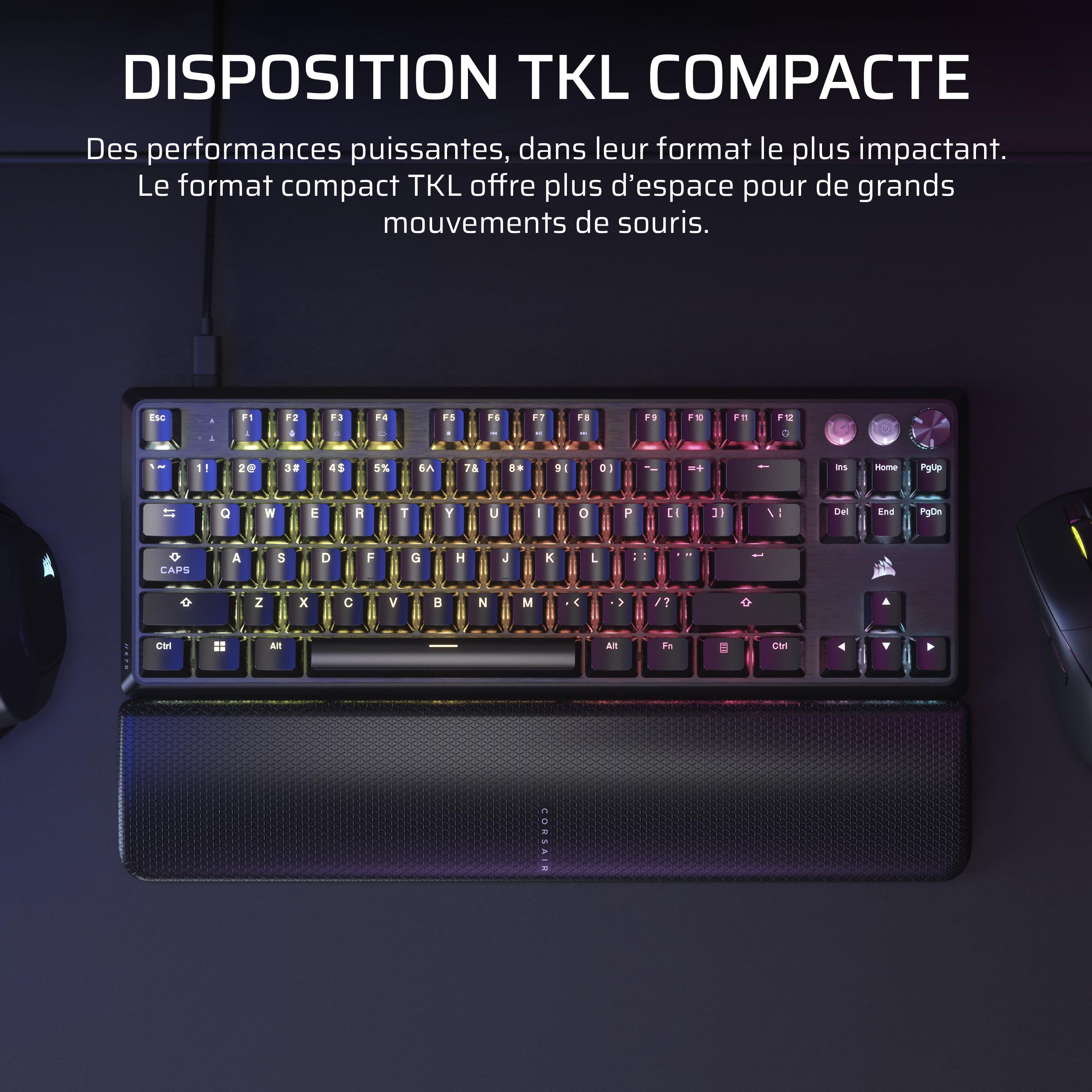 Corsair K70 Pro TKL RGB Clavier de Jeu Filaire Magnétique-Mécanique – Noir | Interrupteurs Ajustables MGX Hyperdrive à Effet Hall Pré-Lubrifiés, SOCD et Déclenchement Rapide Simultanés, 8000Hz, AZERTY