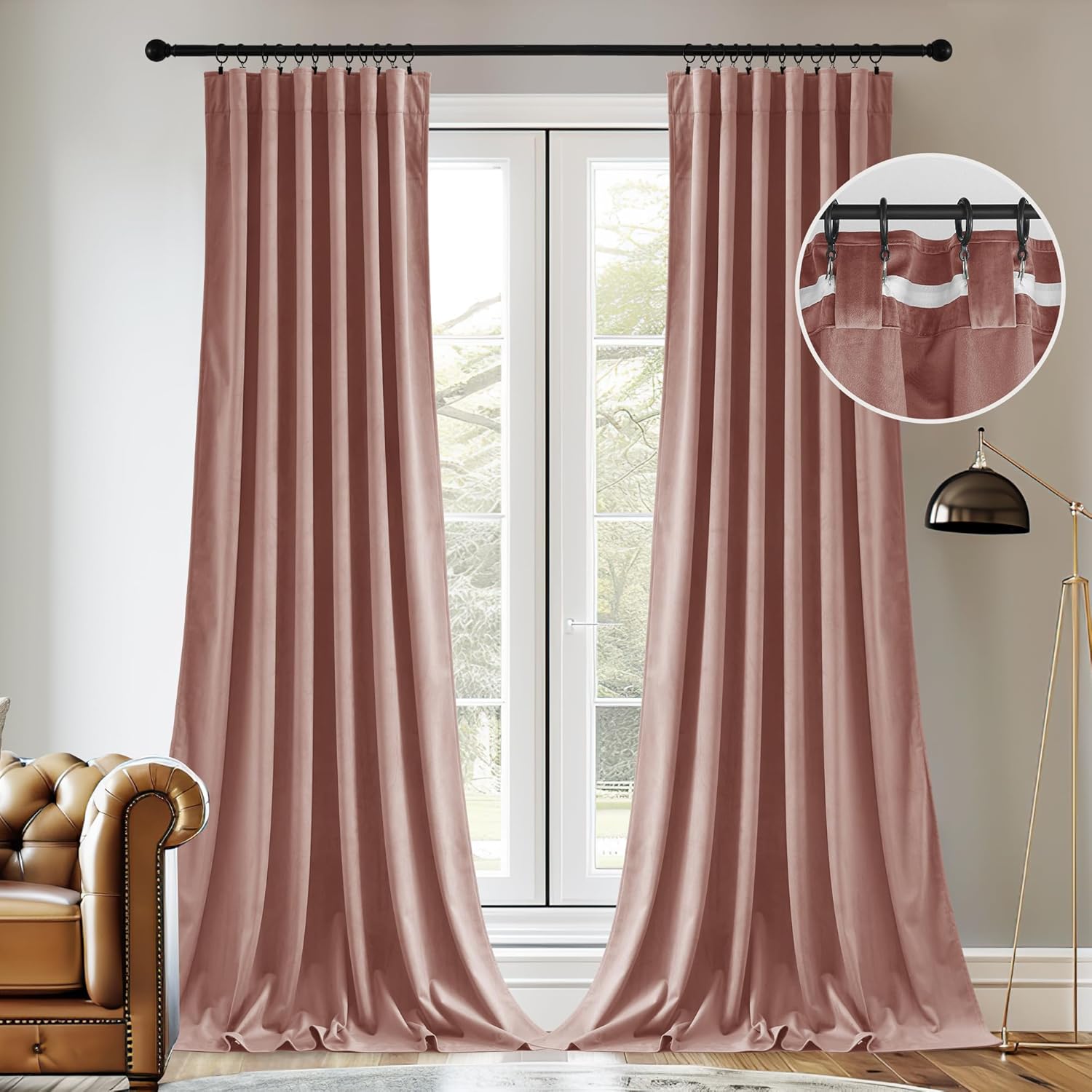 StangH Dusty Pink Velvet Curtains 90 Inches Long for Bedroom, Romantic Blush Pink Drapes for Salon, Light Dimming Privacy Panels with Back Tab & Hook Belt, W52 x L90, 2 Panels