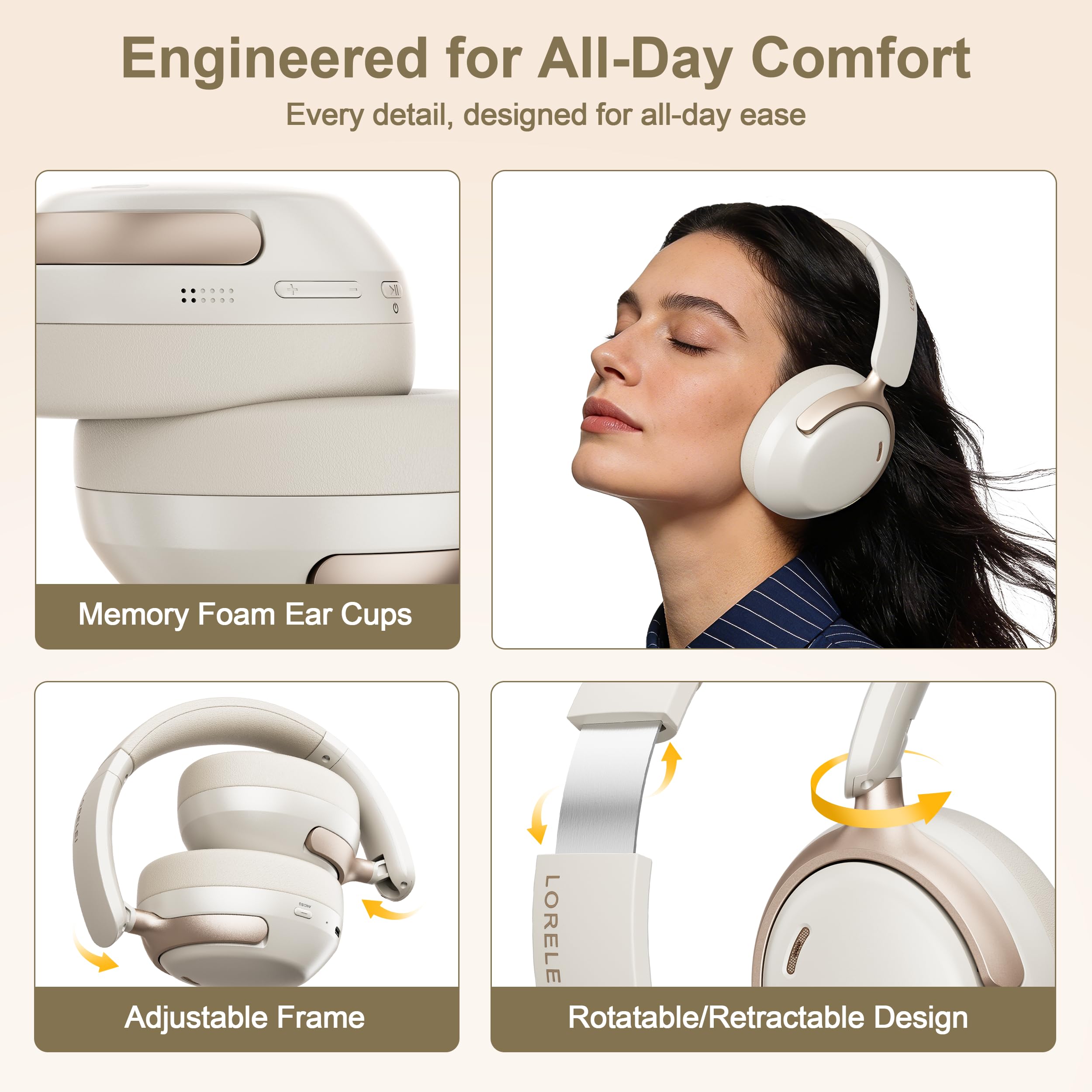 LORELEI QC30 - Cuffie ibride con cancellazione attiva del rumore, Bluetooth wireless over-ear, pelle proteica beige, controllo attivo del rumore e modalità trasparenza, bassi profondi, microfono