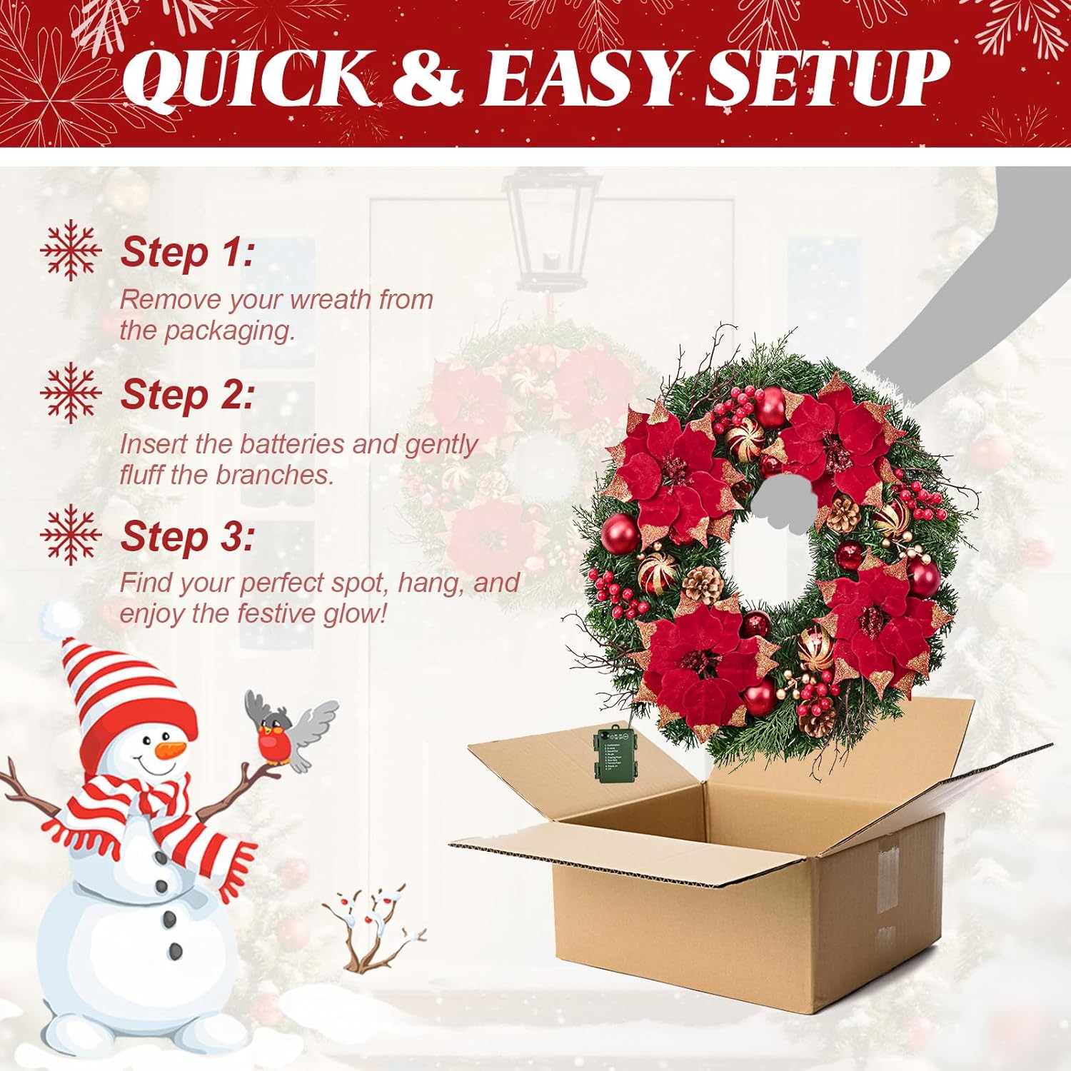 Christmas Decorations - 20" Christmas Wreaths for Front Door, Poinsettia Flowers Artificial Red Berries Christmas Reef with Lights for Farmhouse Porches Windows Indoor Outdoor Holiday Xmas Decor