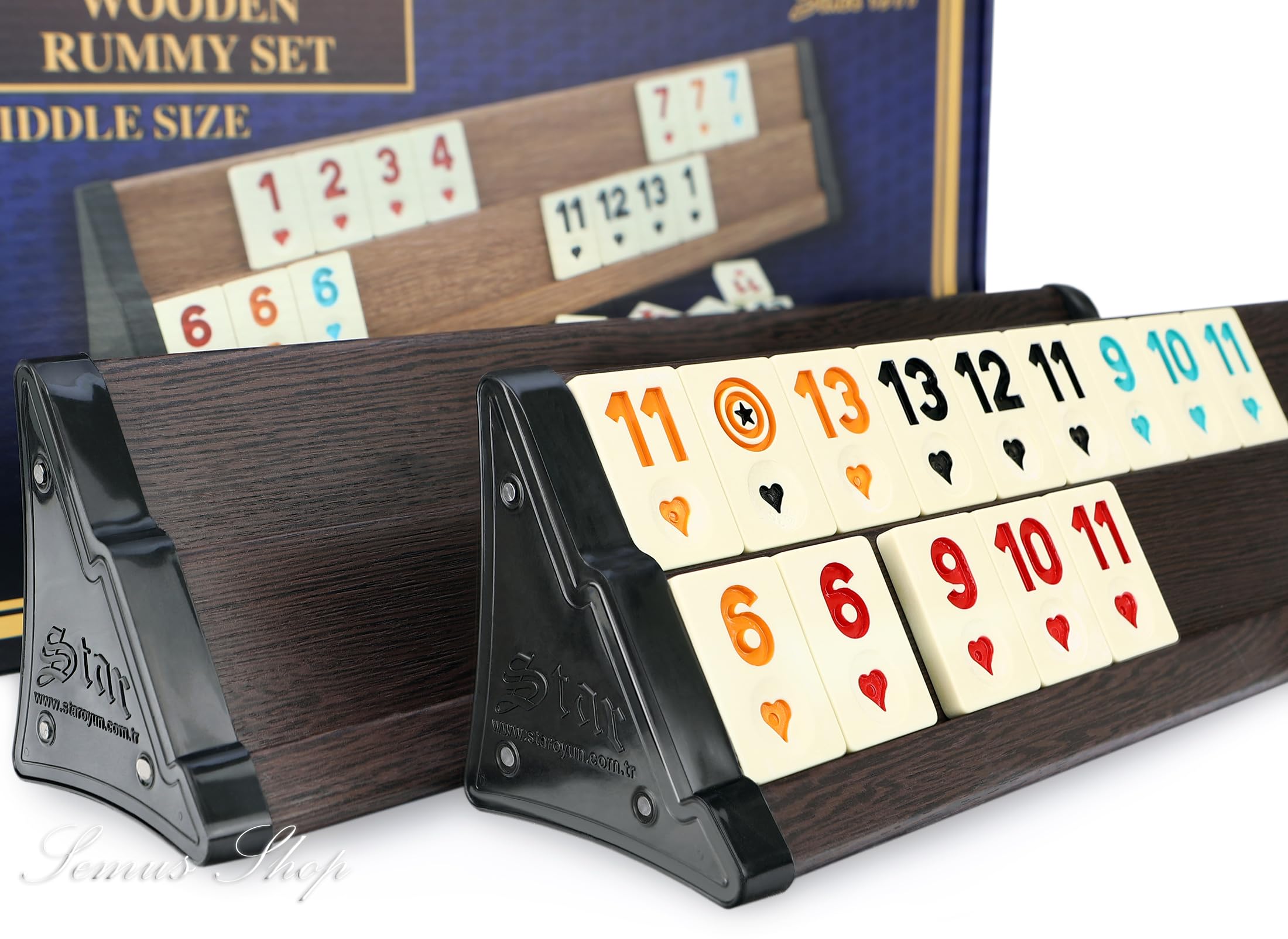 Star Gold Wooden Rummy Set - Houten Rummikub - Okey - Donkere versie - Meeples Bordspellen