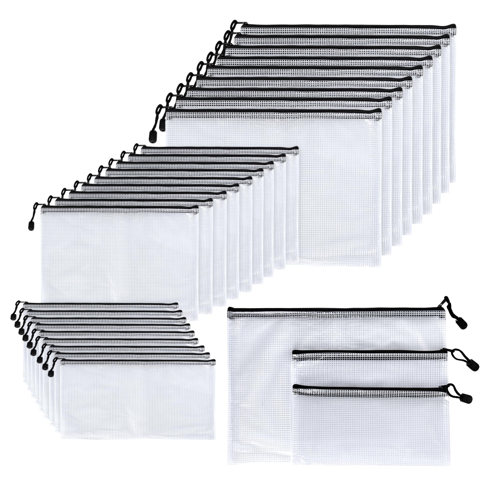 KEILEOHO 30 Pack Mesh Zip Lock Document Wallet Bag Set, A4 A5 A6 Plastic Wallets, for Office and Travel