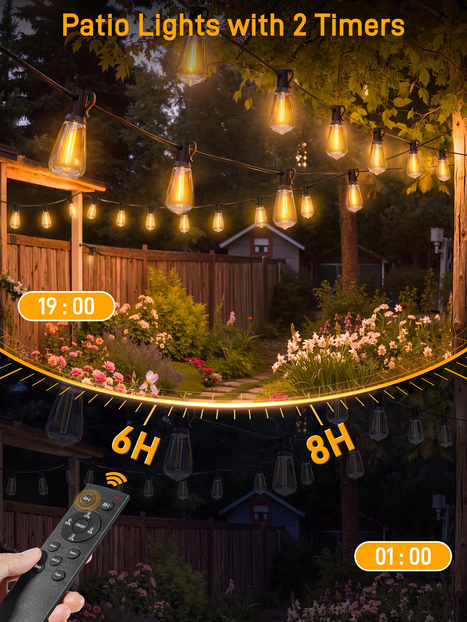 Guirlande lumineuse d'extérieur à intensité variable avec télécommande, 30,5 m avec 2 minuteries et 3 modes, lumières de terrasse étanches et incassables, 2 200 K, 3 ampoules de rechange pour patio et