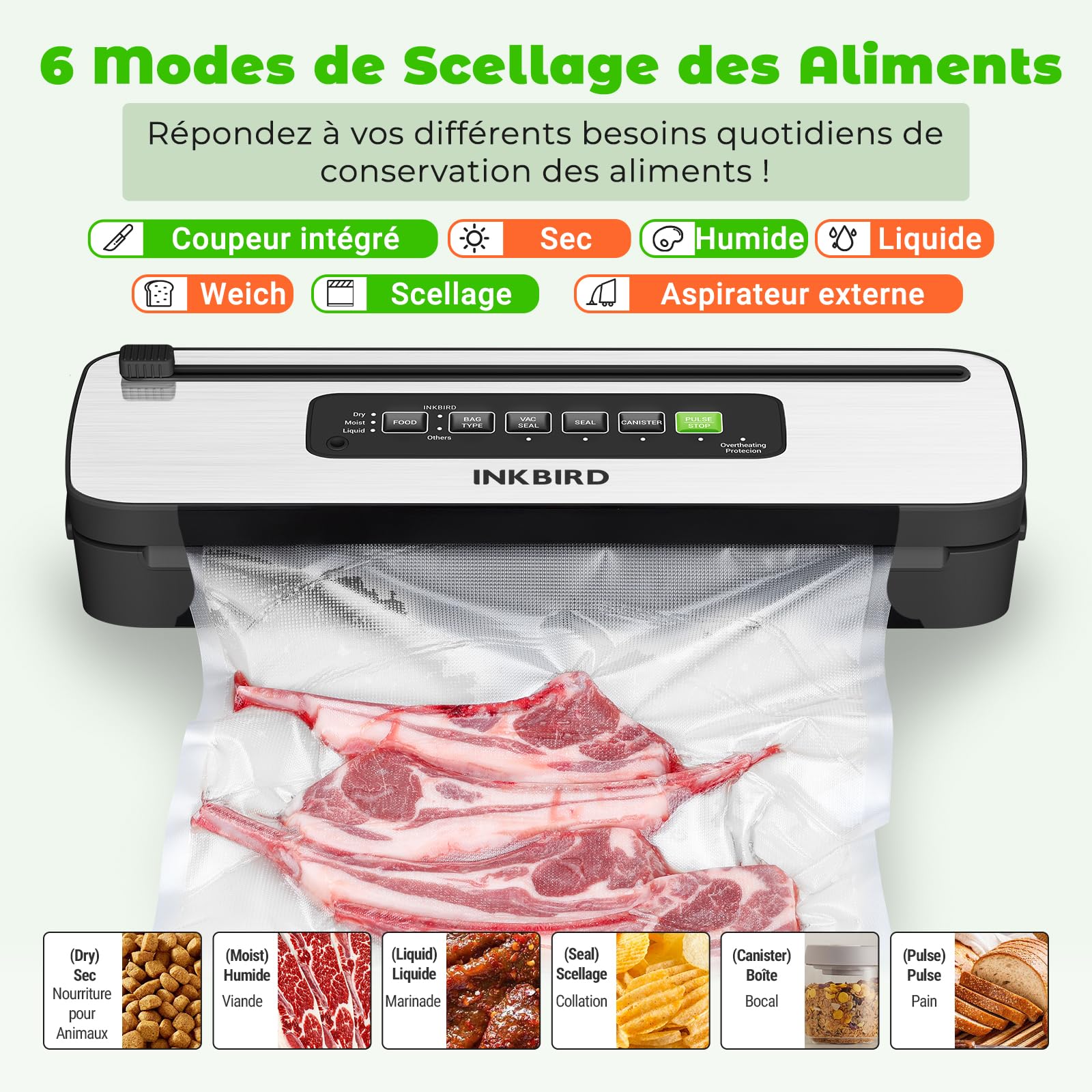 INKBIRD Machine Sous Vide Alimentaire, Appareil de Mise Sous Vide Automatique avec Coupeur Intégré | 6 Modes pour Sec/Humide/Liquide, 130W Puissance Élevée- Joint Rapide, Indicateur LED, Orange