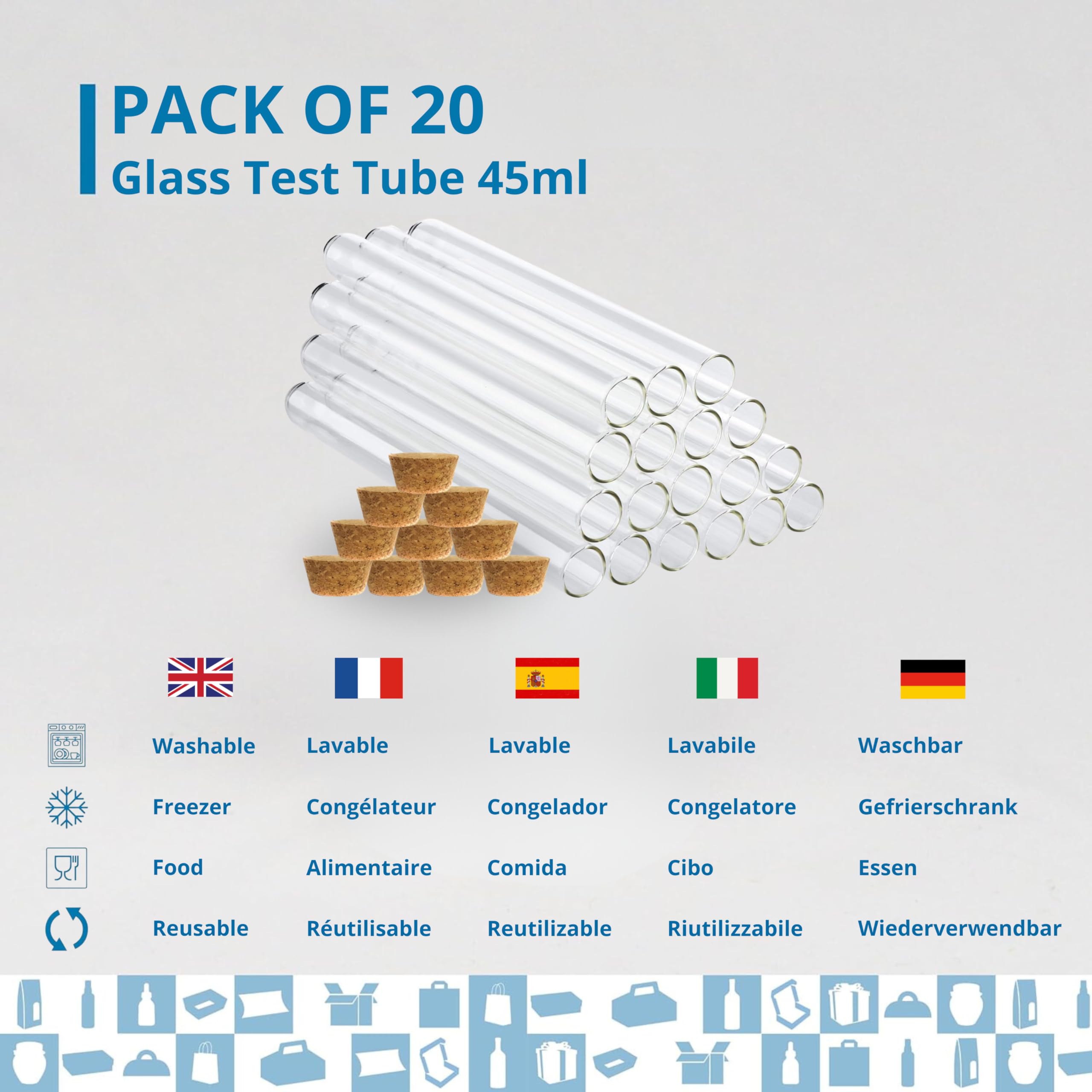 Lot de 20 Tubes à Essai en Verre 45 ml avec Bouchon en Liège – Contenants pour Dragées, Bonbons, Fleurs et Épices | Souvenirs de Mariage | Espirito Rebelde